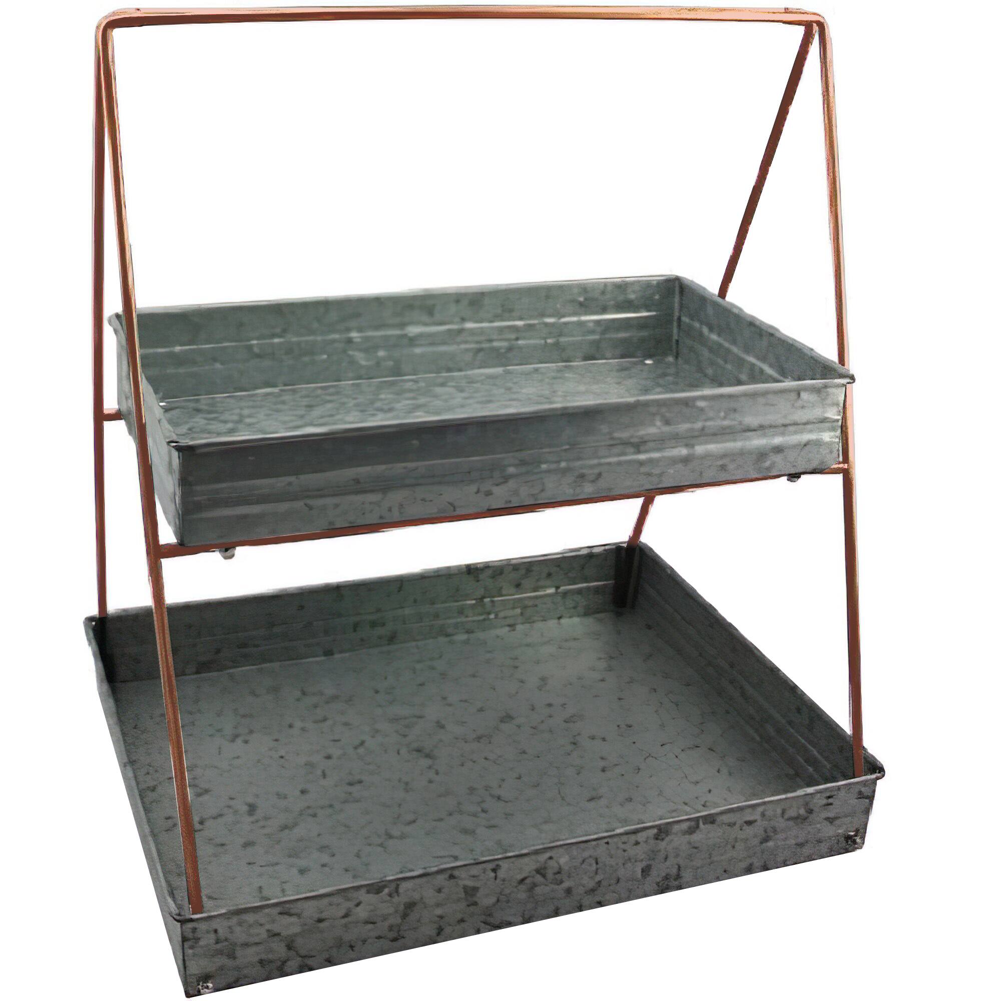 Front. Manhattan Lane - Galvanized Metal 2 Tiered Rectangular Serving Tray - Gray.