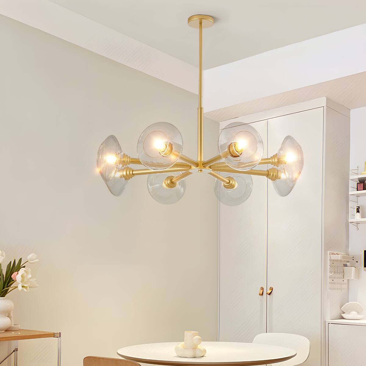 Alt View 2. Loheer - Loheer 36 inch Gold Sputnik Chandelier Eight Light Mid Century Modern Pendant with Clear Glass Shades.