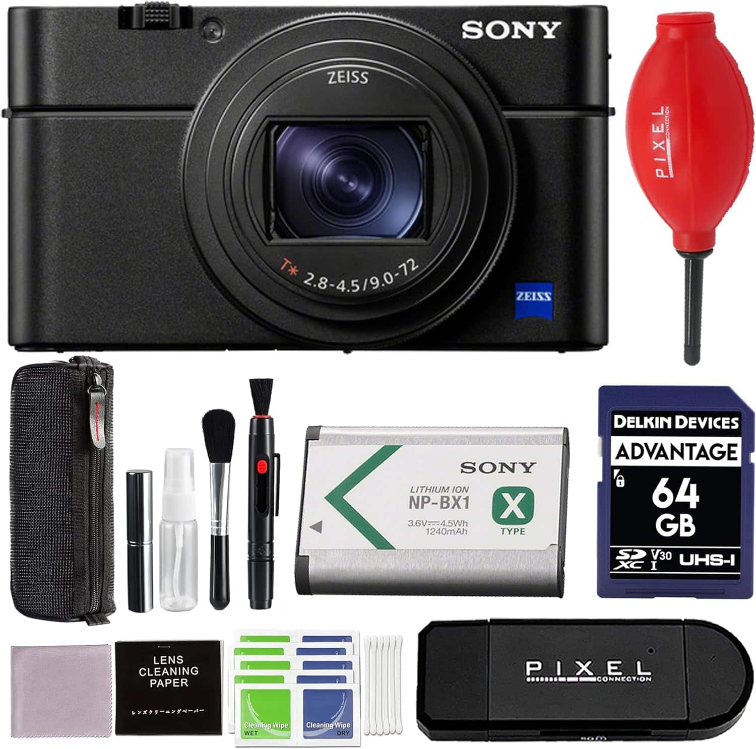 Cyber-shot DSC-RX100 VII Digital Camera Bundle w/ 64GB SD Card, Cleaning Kit, Blower, Card Reader | Sony DSCRX100M7 - Black