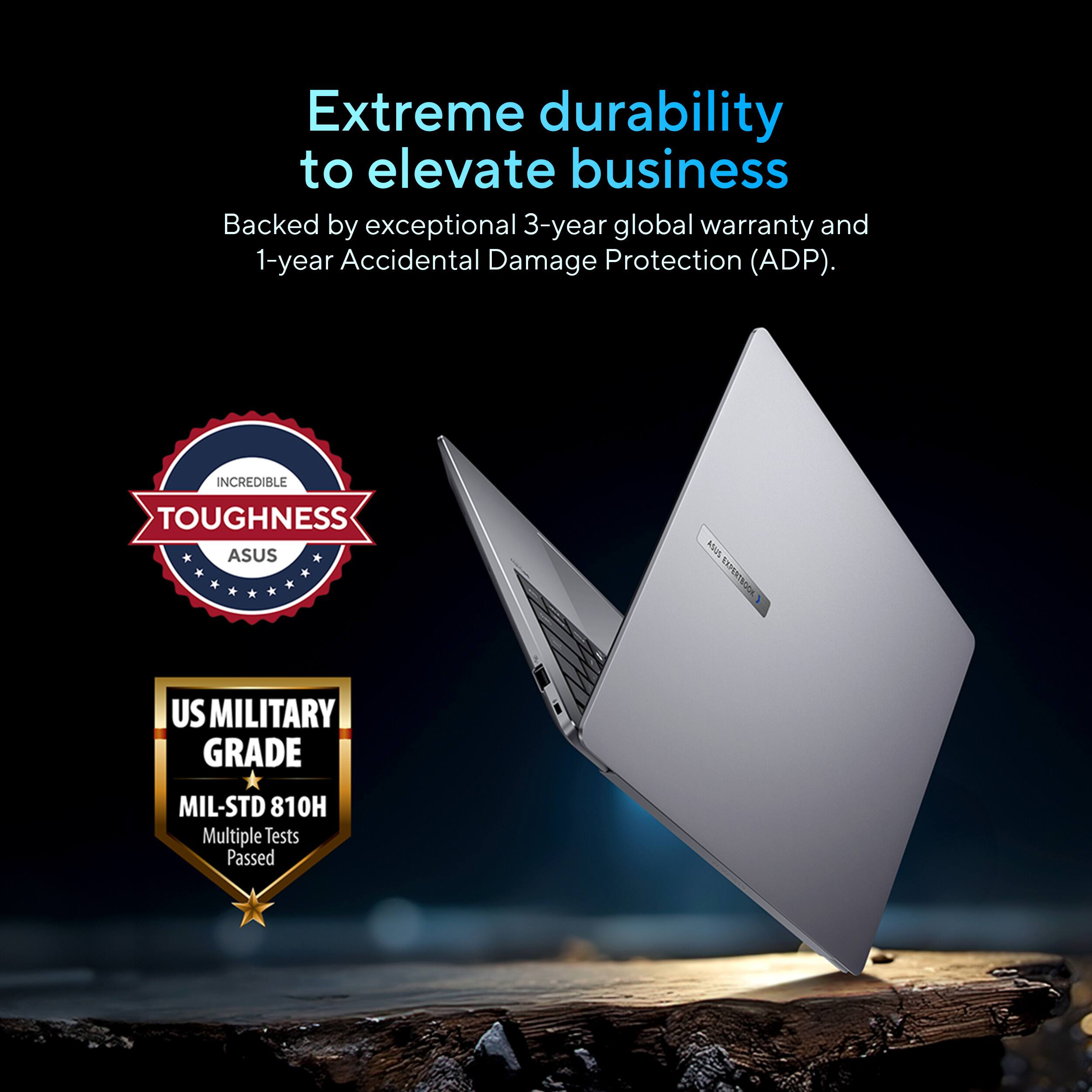 The text on the image reads: "Extreme durability to elevate business Backed by exceptional 3-year global warranty and 1-year Accidental Damage Protection (ADP). INCREDIBLE TOUGHNESS ASUS ASUS UPRIL US MILITARY GRADE MIL-STD 810H Multiple Tests Passed."