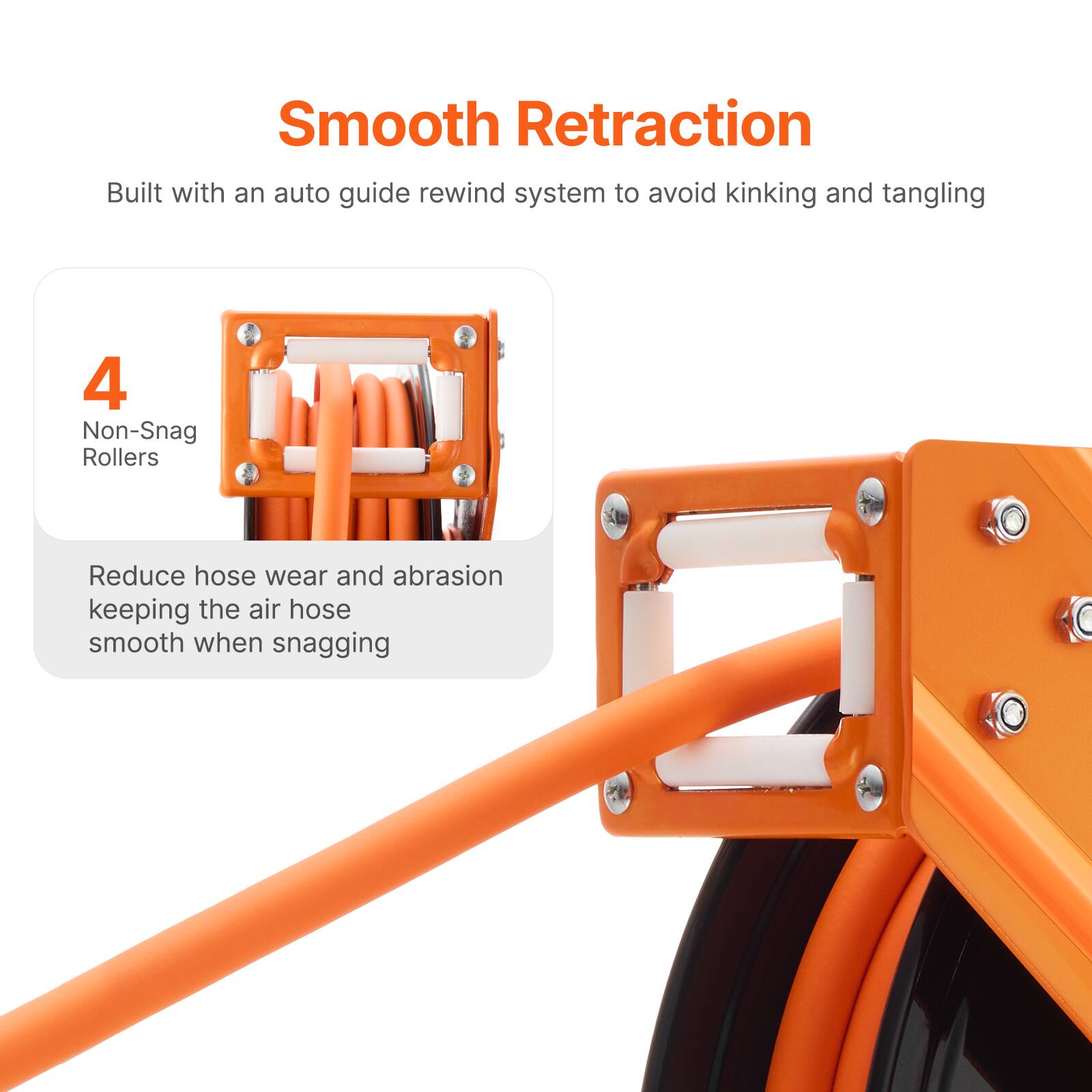 Smooth Retraction  
Built with an auto guide rewind system to avoid kinking and tangling  

4 Non-Snag Rollers  
Reduce hose wear and abrasion keeping the air hose smooth when snagging