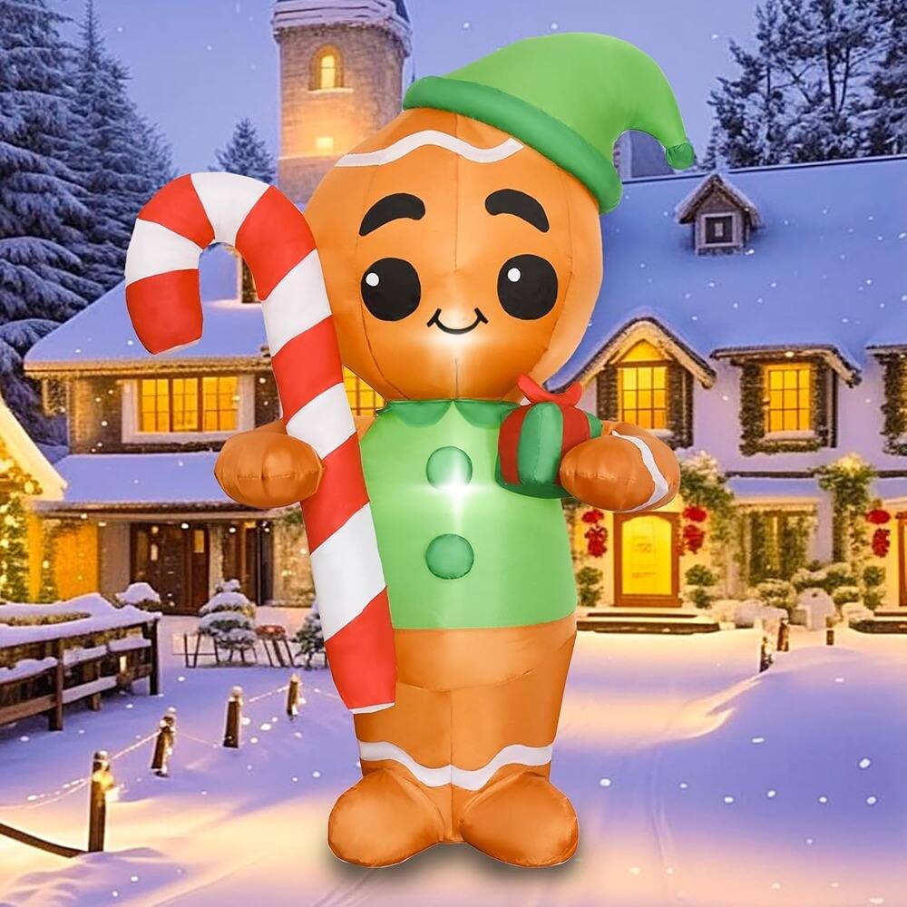 Alt View 1. PARKER SLATER - 6FT Gingerbread Inflatable – LED Blow-Up with Candy Cane & Gift Box Indoor/Outdoor - Red.
