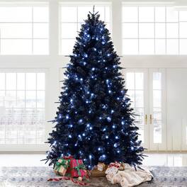 PexFix - 8ft Pre-Lit Christmas Tree, 600 White LEDs & 2486 Tips, Hinged with Metal Stand for Christmas Decor - Black