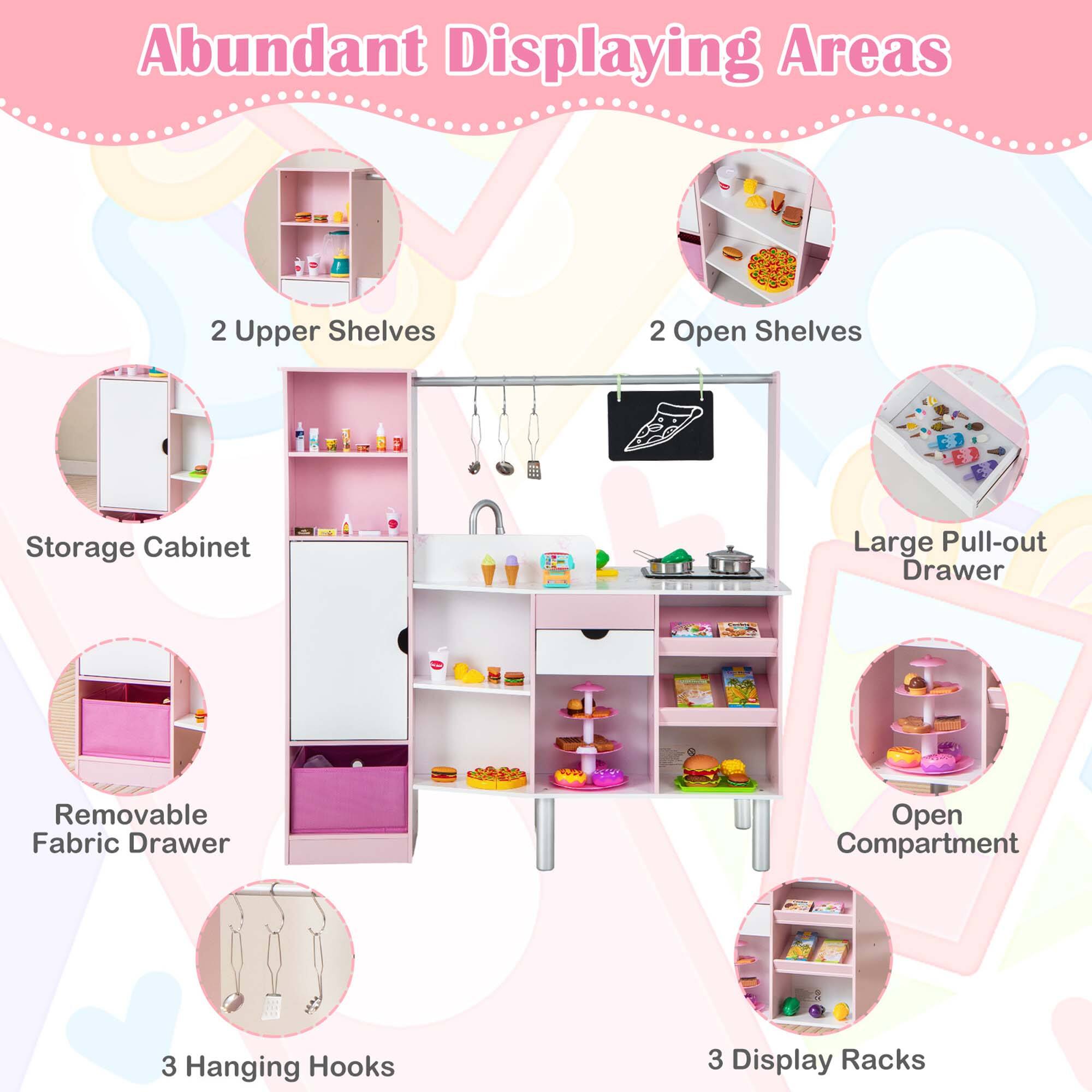 Abundant Displaying Areas

- 2 Upper Shelves
- 2 Open Shelves
- Storage Cabinet
- Large Pull-out Drawer
- Removable Fabric Drawer
- Open Compartment
- 3 Hanging Hooks
- 3 Display Racks
