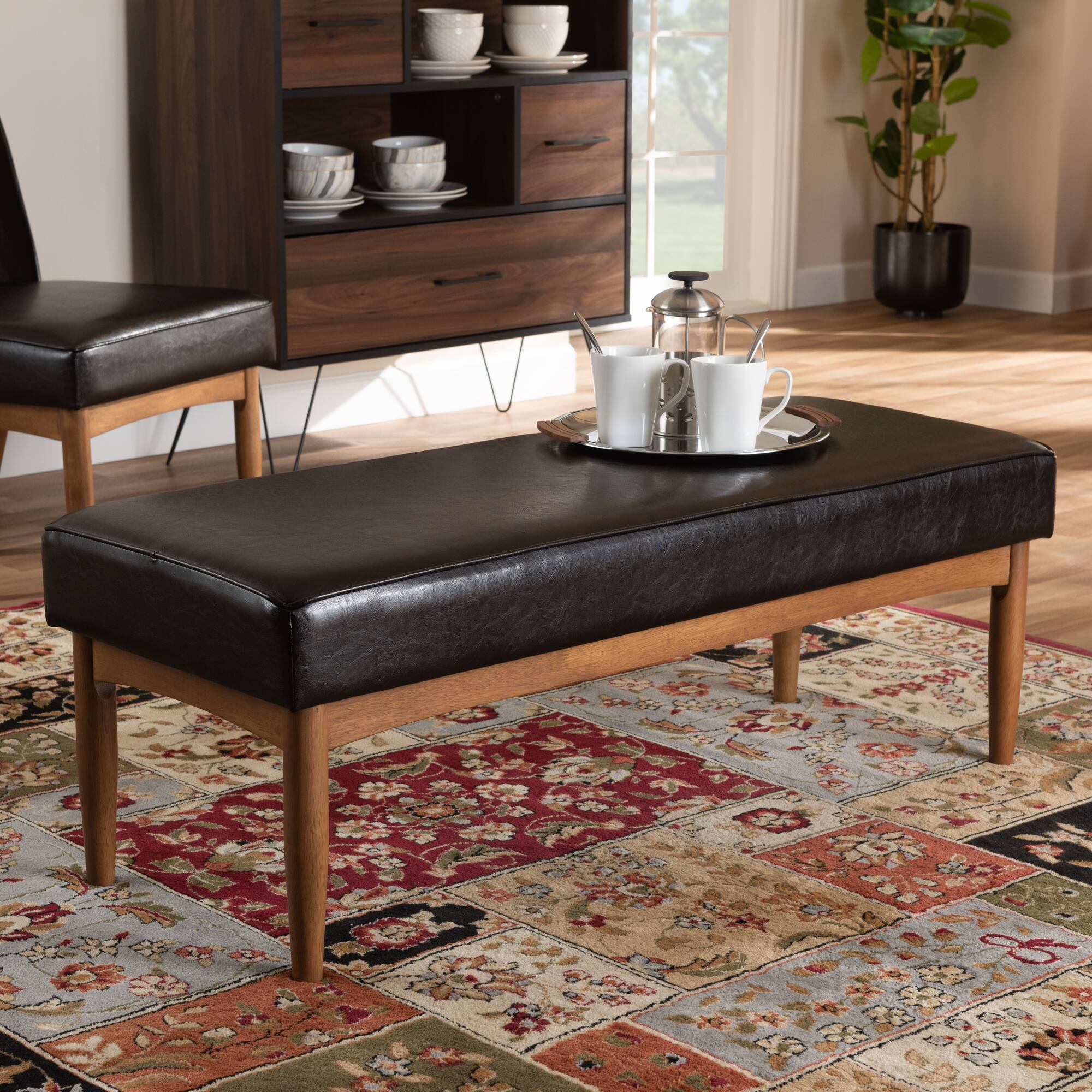Alt View 2. Baxton Studio - Arvid Mid-Century Modern Faux Leather Upholstered Wood Dining Bench - Dark Brown/Walnut Brown.