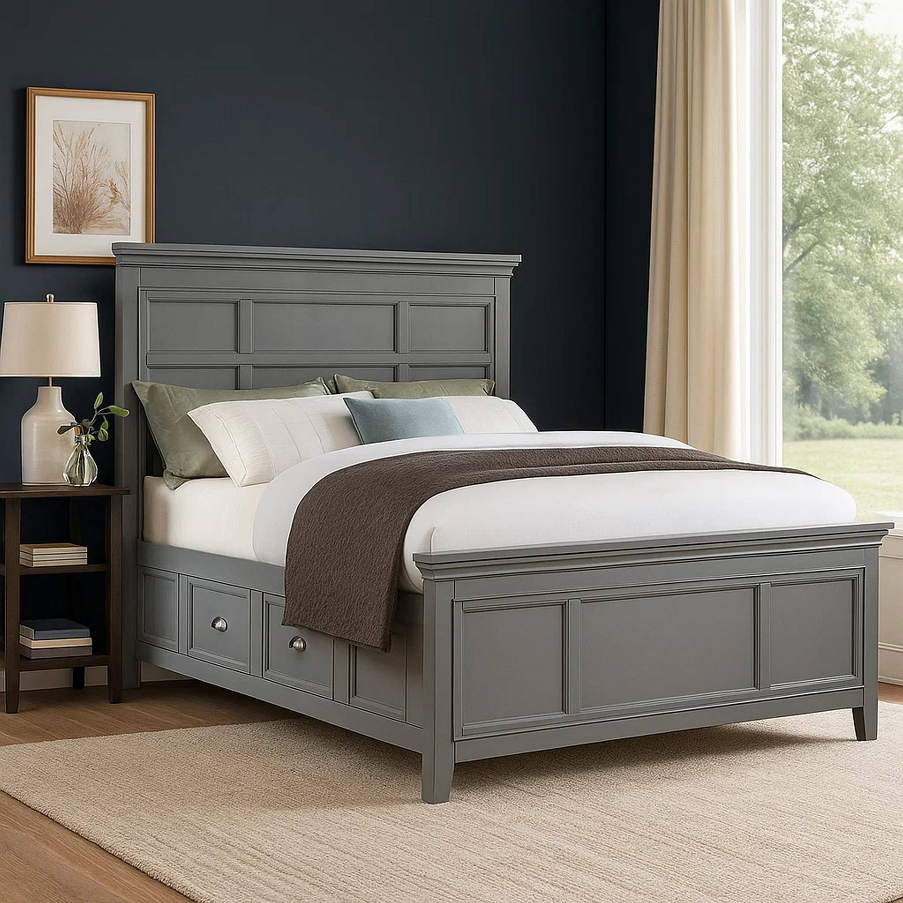 Alt View 2. Manhattan Lane - Lile Full Bed with Crown Moulding, Storage Drawers, Gray Solid Wood - Gray, Chrome.