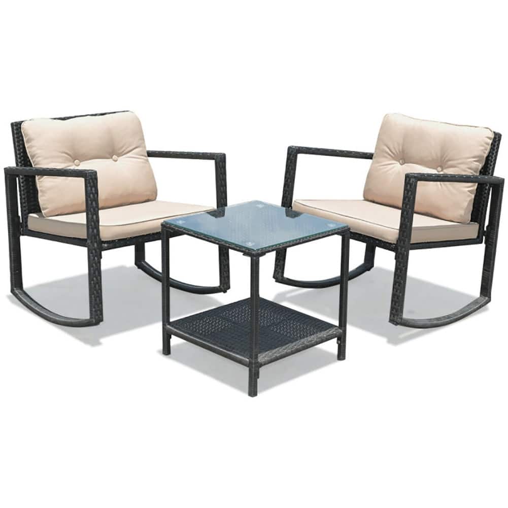 Pefilos - Cushioned Patio Rattan Seating Rocking Chair Glass Patio Coffee Table Set 3 Pieces with Steel Frame Furniture - Black