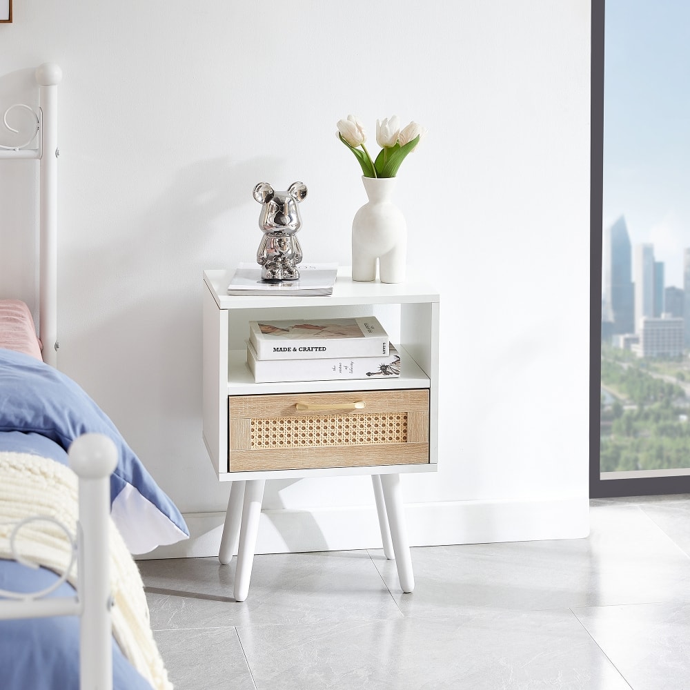 Loheer - Rattan End Table with Drawer Modern Nightstand Solid Wood Legs Bedroom Side Table - White price history on PriceWatchPro