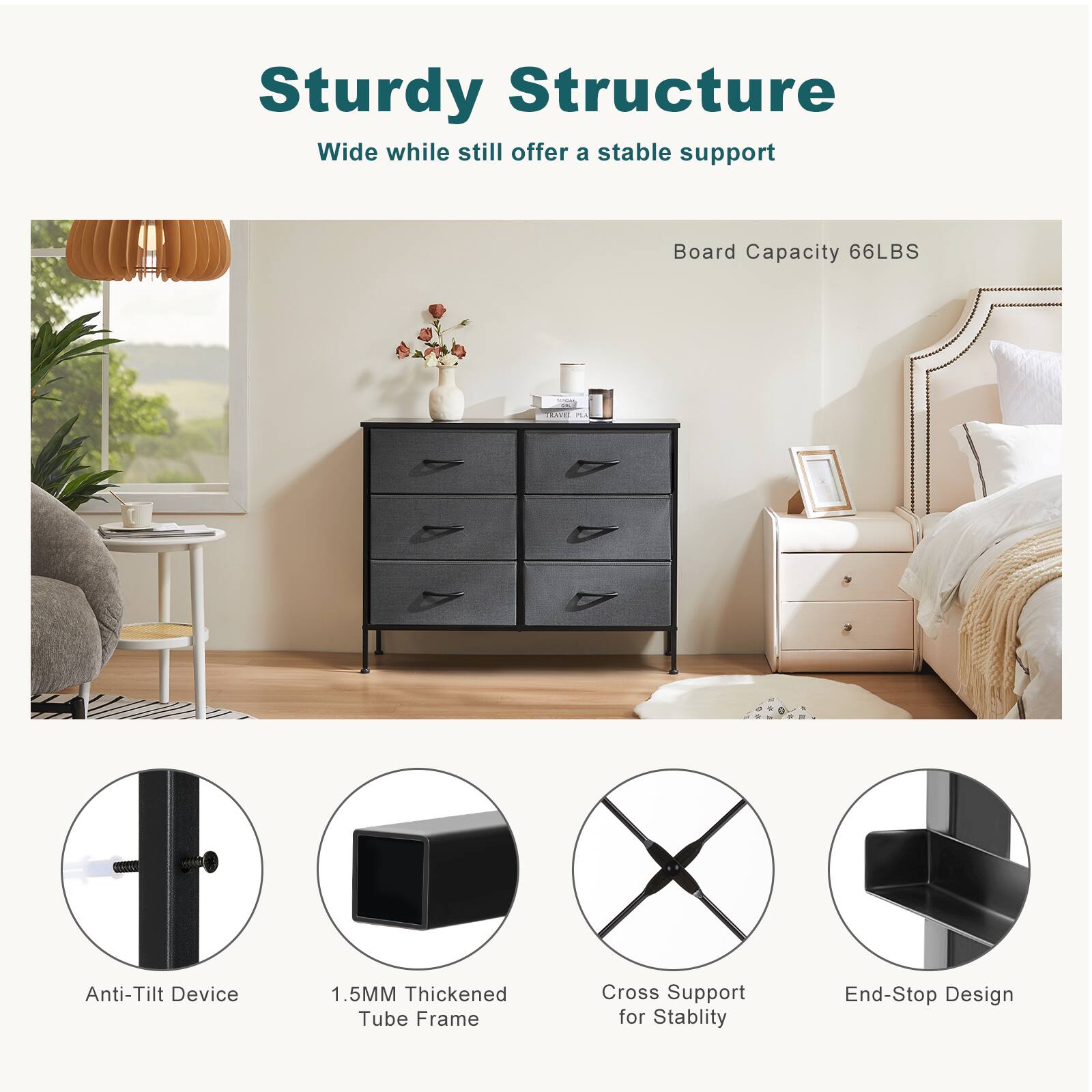 Sturdy Structure  
Wide while still offer a stable support  

Board Capacity 66LBS  

Anti-Tilt Device  
1.5MM Thickened Tube Frame  
Cross Support for Stability  
End-Stop Design