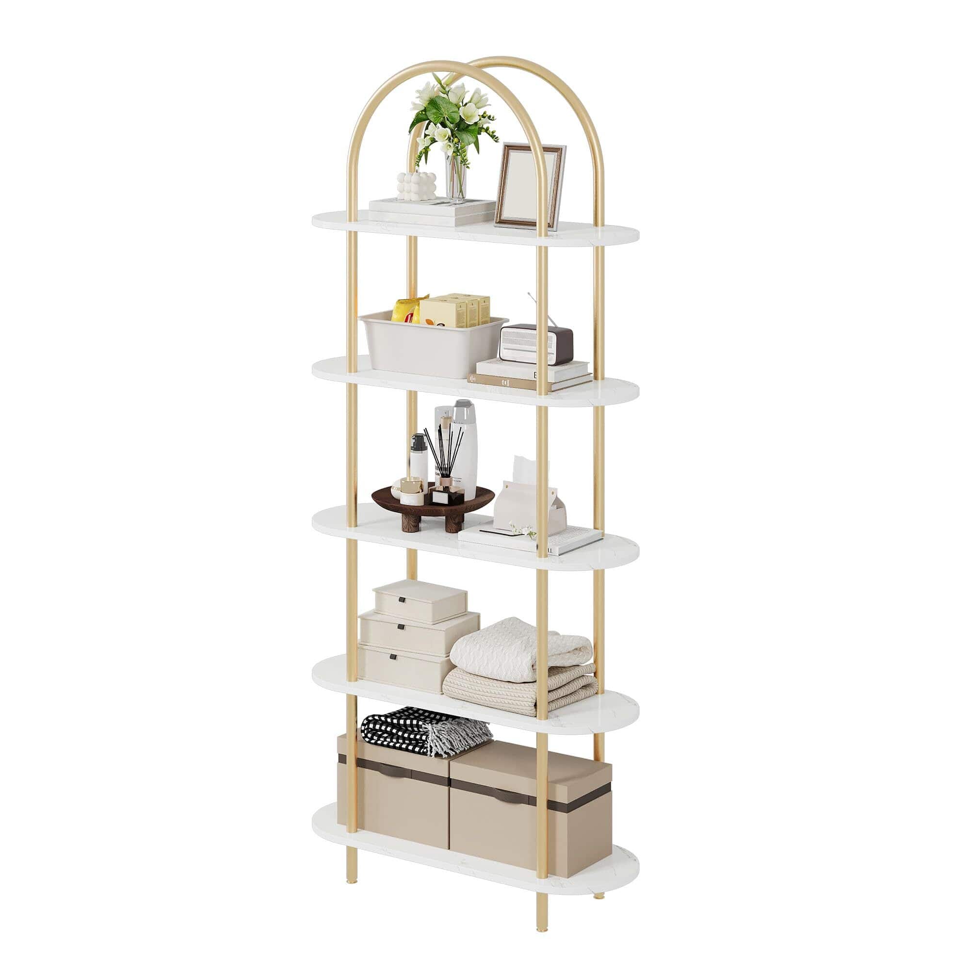 Babevy - 71" Arched Bookshelf 5 Tier Open Bookcase, Freestanding Tall Display Shelf with Metal Frame - Gold