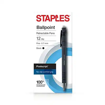 STAPLES
Ballpoint
Retractable Pens
12 Qty
Fine 0.7 mm
Black
Postscript
No-slip comfort grip
100% Satisfaction Guaranteed
ACTION GUARANTEE
