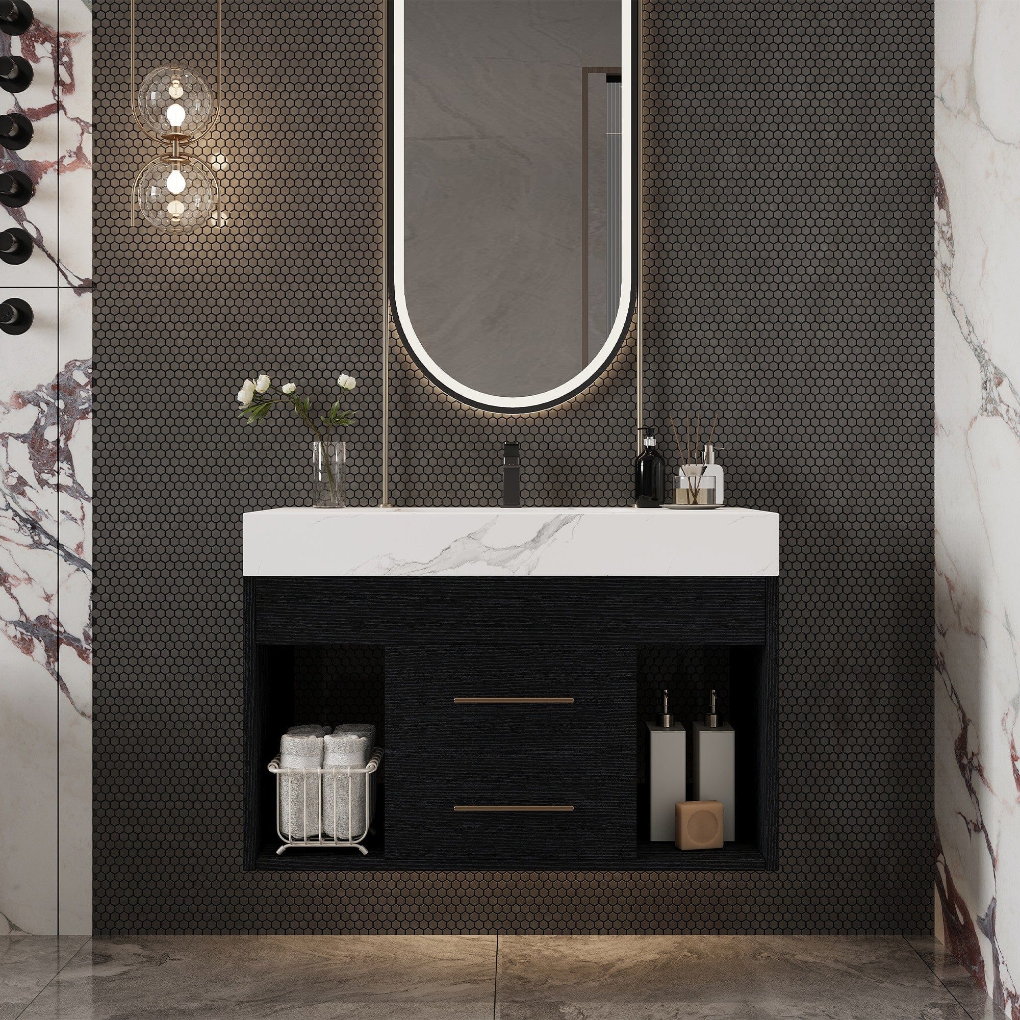 Boyel Living - 29.9 In Wall-Mounted Vanity Sintered Stone Top Ceramic Undermount Sink Small Baths - Black price history on PriceWatchPro