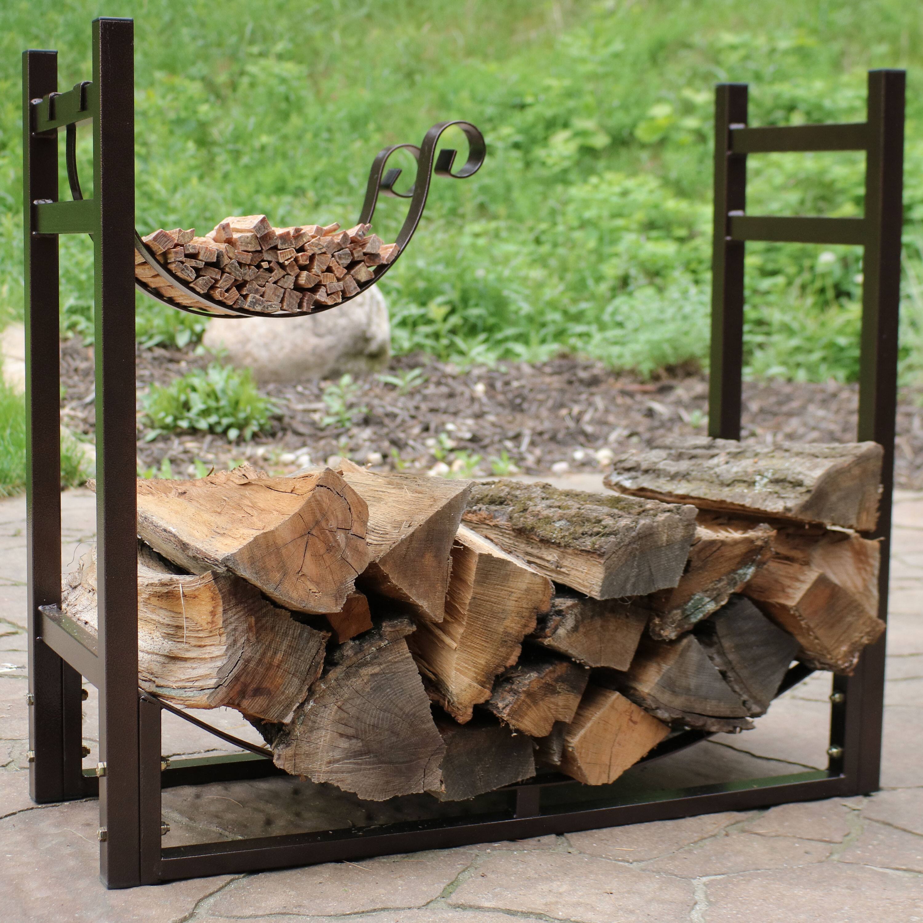 Alt View 1. Sunnydaze - 33 in Steel Firewood Log Rack with Kindling Holder - Bronze.