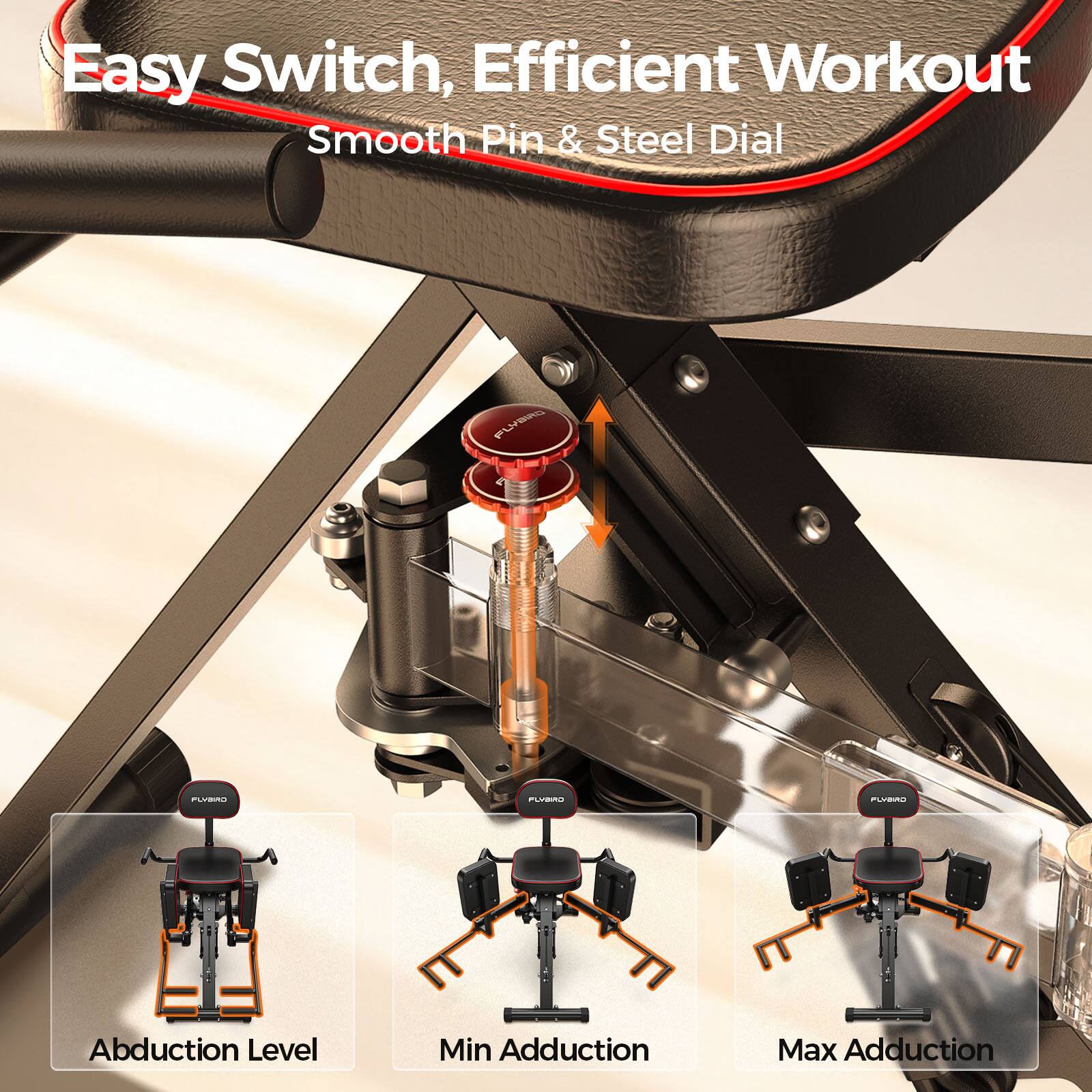Easy Switch, Efficient Workout  
Smooth Pin & Steel Dial  

Abduction Level  
Min Adduction  
Max Adduction