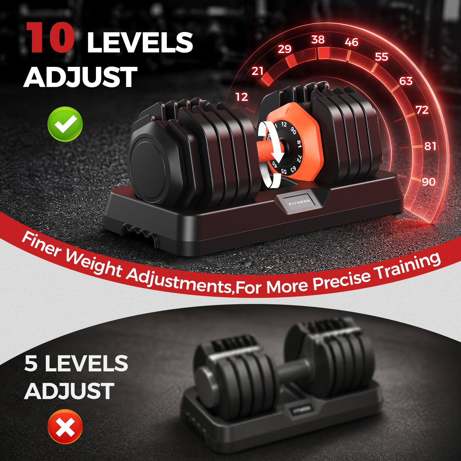 10 LEVELS ADJUST  
29 38 46 55 21 63 12 72 12 90 1 81 81 49 63 55 90  
Finer Weight Adjustments, For More Precise Training  

5 LEVELS ADJUST
