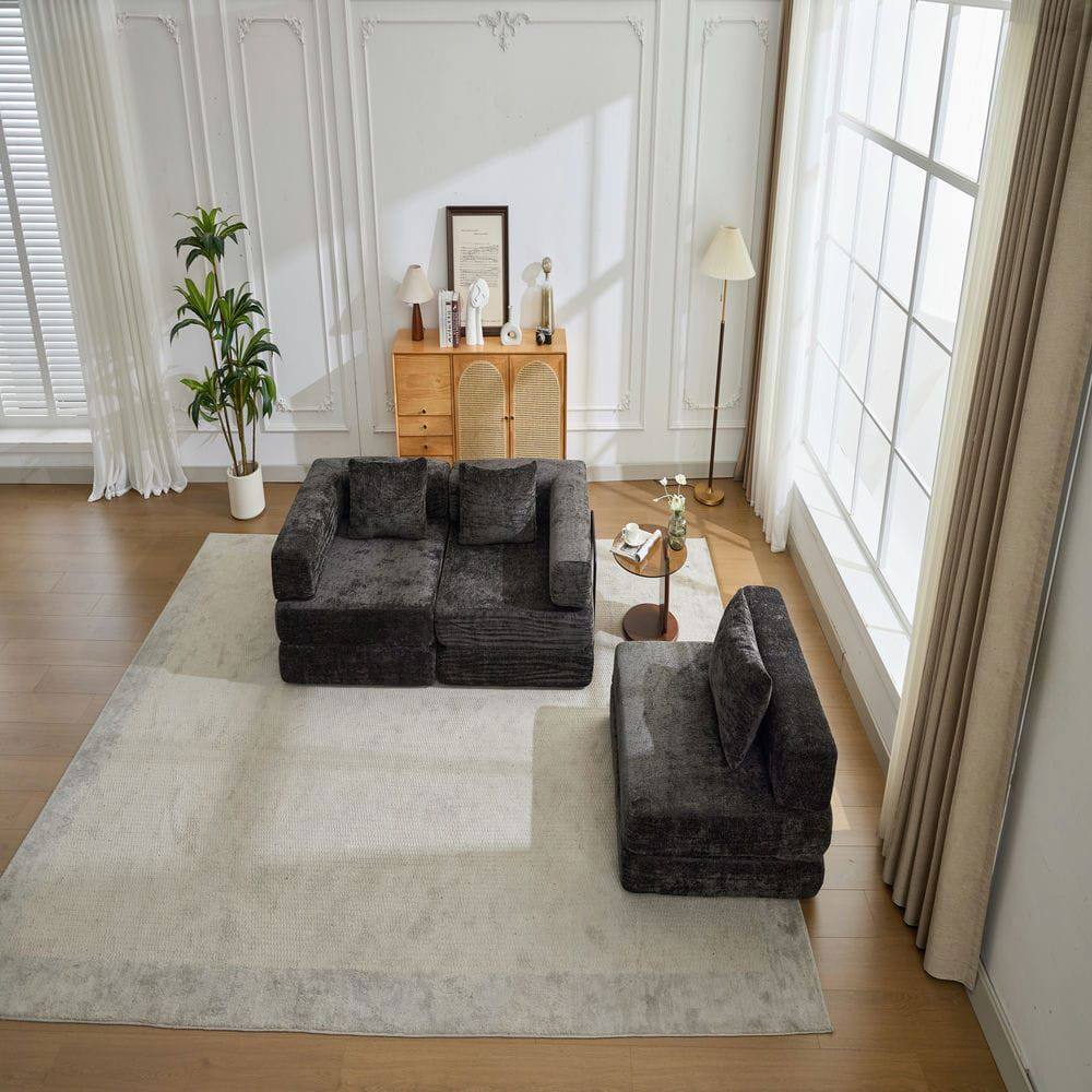 Alt View 10. Kadyn - Convertible Floor Sofa Bed, Boneless Chenille Sectional with Fixed Support Frame - No Assembly Required, Black - Black.