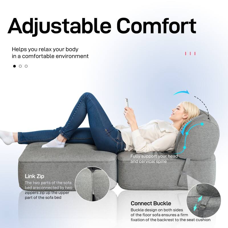 Adjustable Comfort

Helps you relax your body in a comfortable environment

- Fully support your head and cervical spine

Link Zip
The two parts of the sofa bed are connected by two zippers zip up the upper part of the sofa bed

Connect Buckle
Buckle design on both sides of the floor sofa ensures a firm fixation of the backrest to the seat cushion