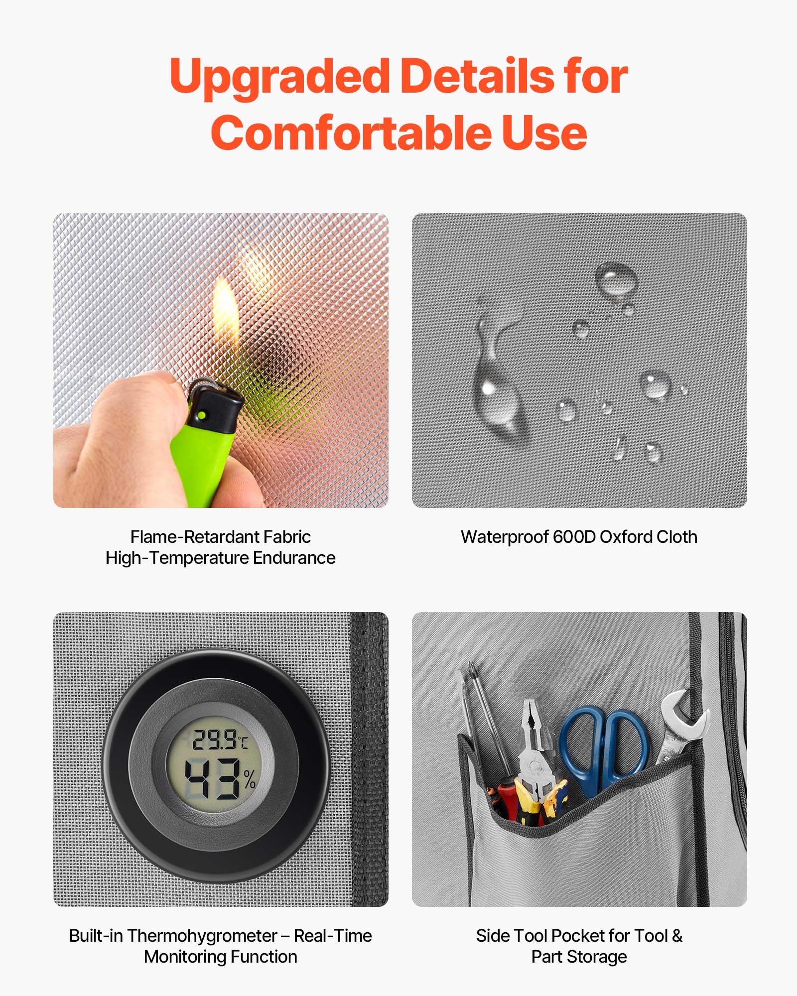 Upgraded Details for Comfortable Use

- Flame-Retardant Fabric High-Temperature Endurance
- Waterproof 600D Oxford Cloth
- Built-in Thermohygrometer - Real-Time Monitoring Function
- Side Tool Pocket for Tool & Part Storage