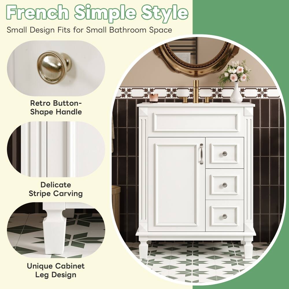 French Simple Style  
Small Design Fits for Small Bathroom Space  

Retro Button-Shape Handle  
Delicate Stripe Carving  
Unique Cabinet Leg Design