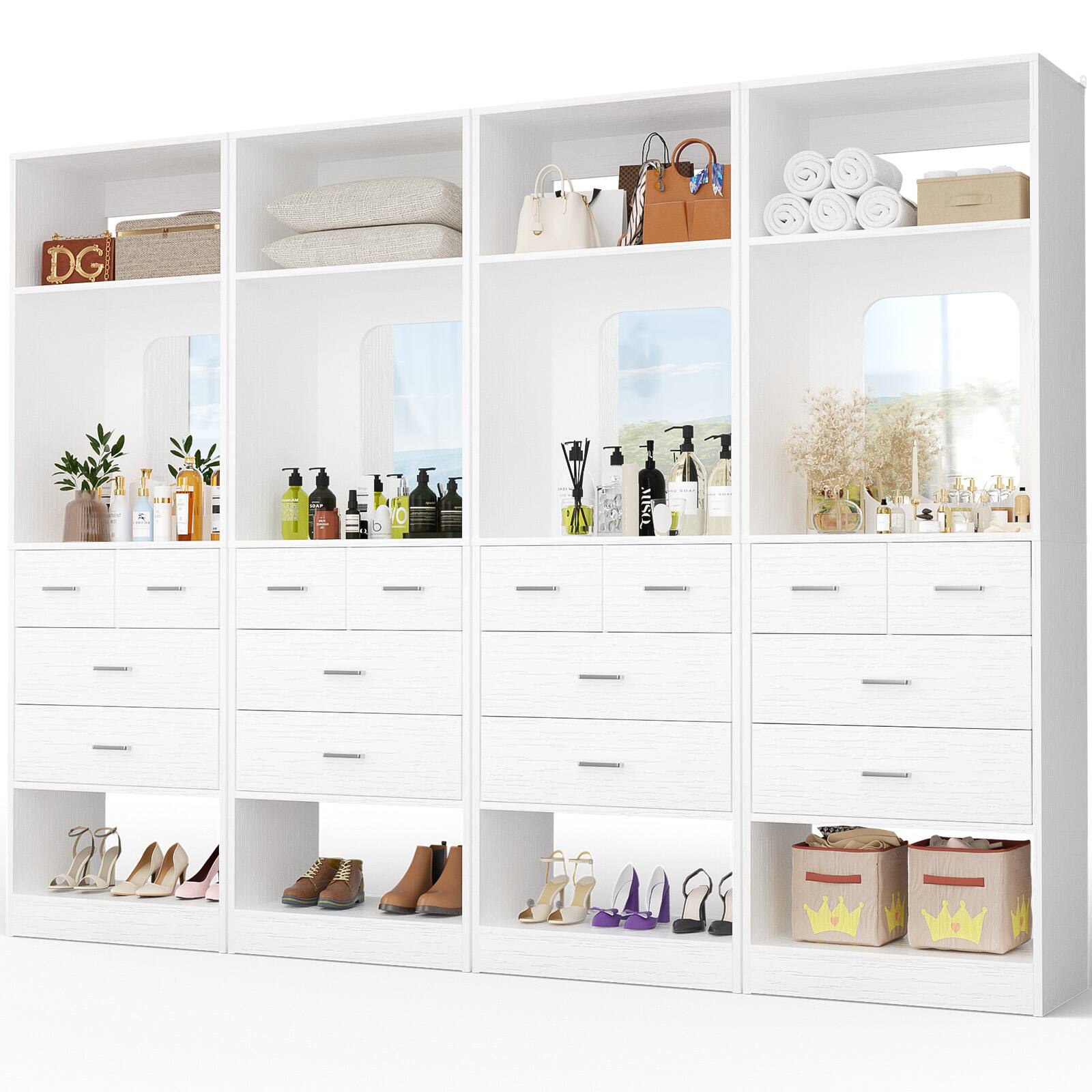 Alt View 2. Aheaplus - 100 Inch Sturdy Wardrobe System with 16 Drawers and Mirrors, Modular Closet System for Closet/Bedroom - White.