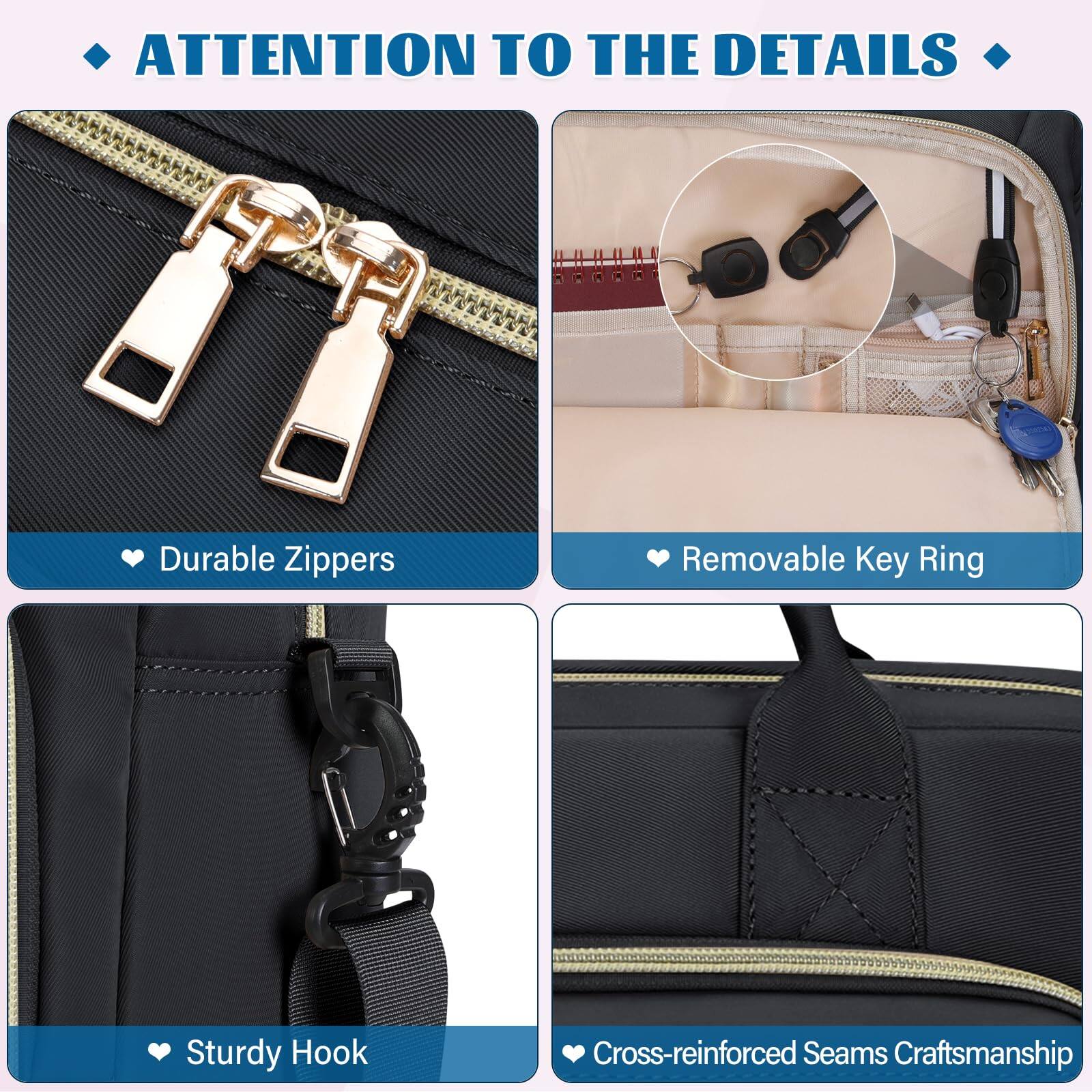 - ATTENTION TO THE DETAILS
  - Durable Zippers
  - Removable Key Ring
  - Sturdy Hook
  - Cross-reinforced Seams Craftsmanship