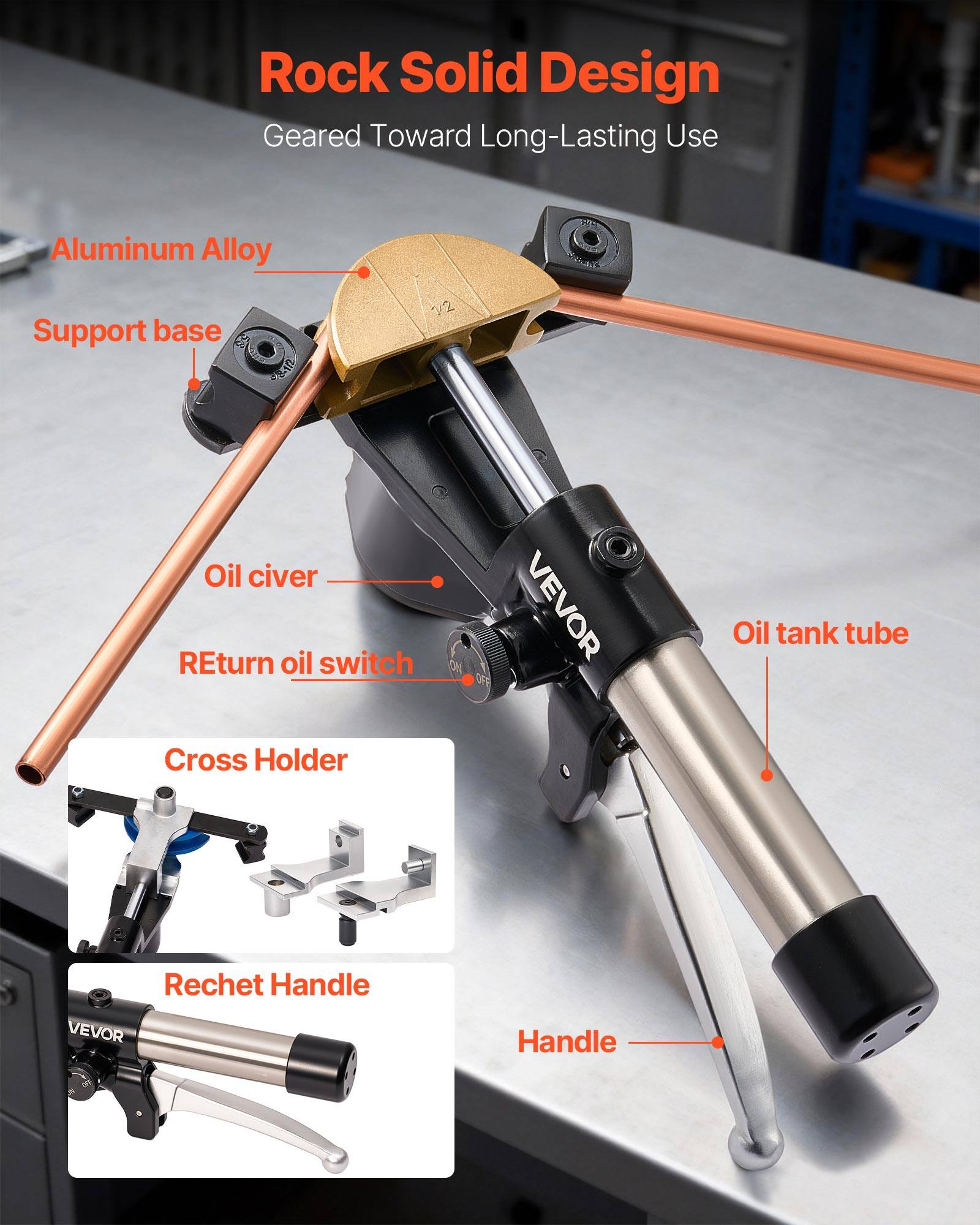 Rock Solid Design  
Geared Toward Long-Lasting Use  

Aluminum Alloy  
Support base  

Oil civer  
Return oil switch  

Oil tank tube  

Cross Holder  

Ratchet Handle  

Handle