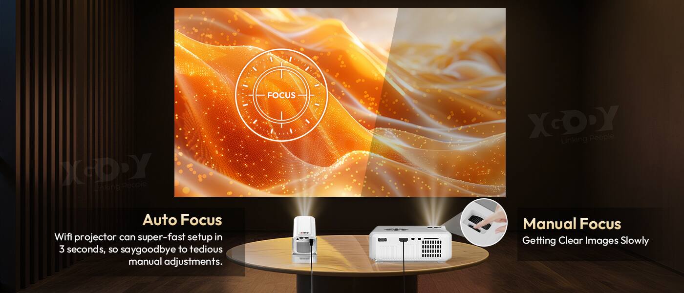 ICDY Linking People Auto Focus Wifi projector can super-fast setup in 3 seconds, so say goodbye to tedious manual adjustments. FOCUS

XCOY People Linking Manual Focus Getting Clear Images Slowly