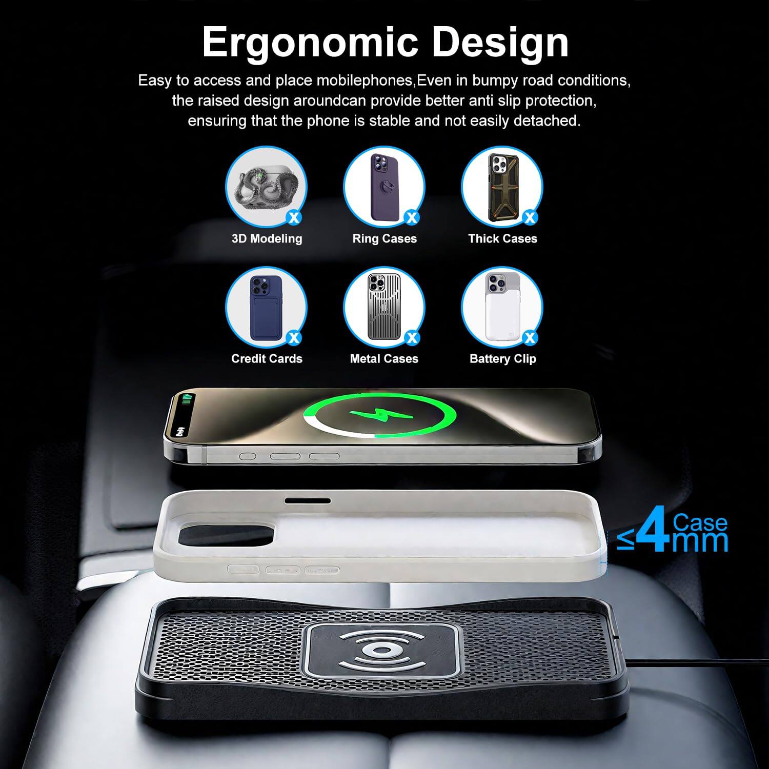 Ergonomic Design

Easy to access and place mobilephones. Even in bumpy road conditions, the raised design around can provide better anti slip protection, ensuring that the phone is stable and not easily detached.

- 3D Modeling
- Ring Cases
- Thick Cases
- Credit Cards
- Metal Cases
- Battery Clip

≤4 mm Case