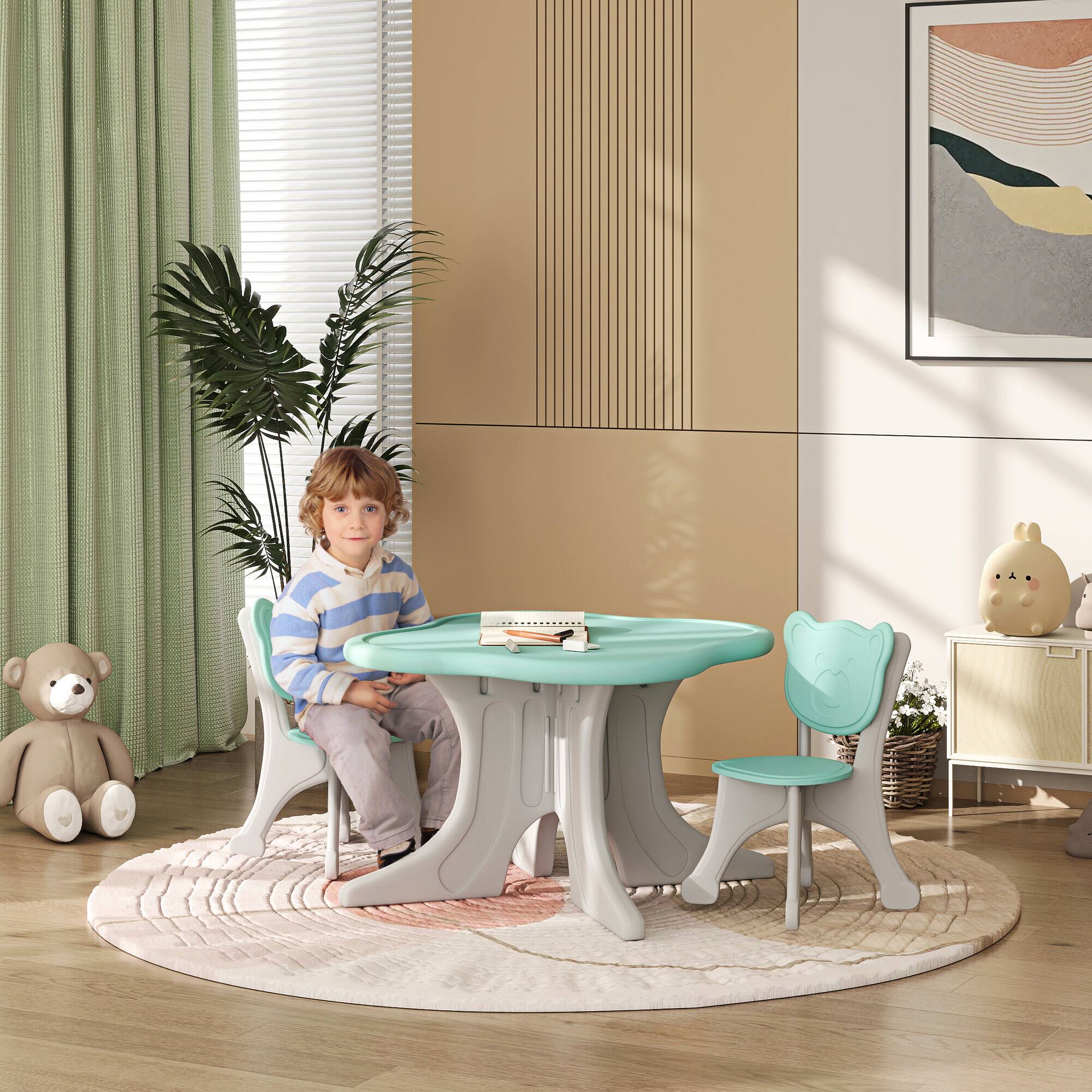 Angle. Qaba - Kids Table and Chair Set, 3 Piece Plastic Baby Activity Table, Toddler Art Table for 3-6 Years Old - Light Blue.