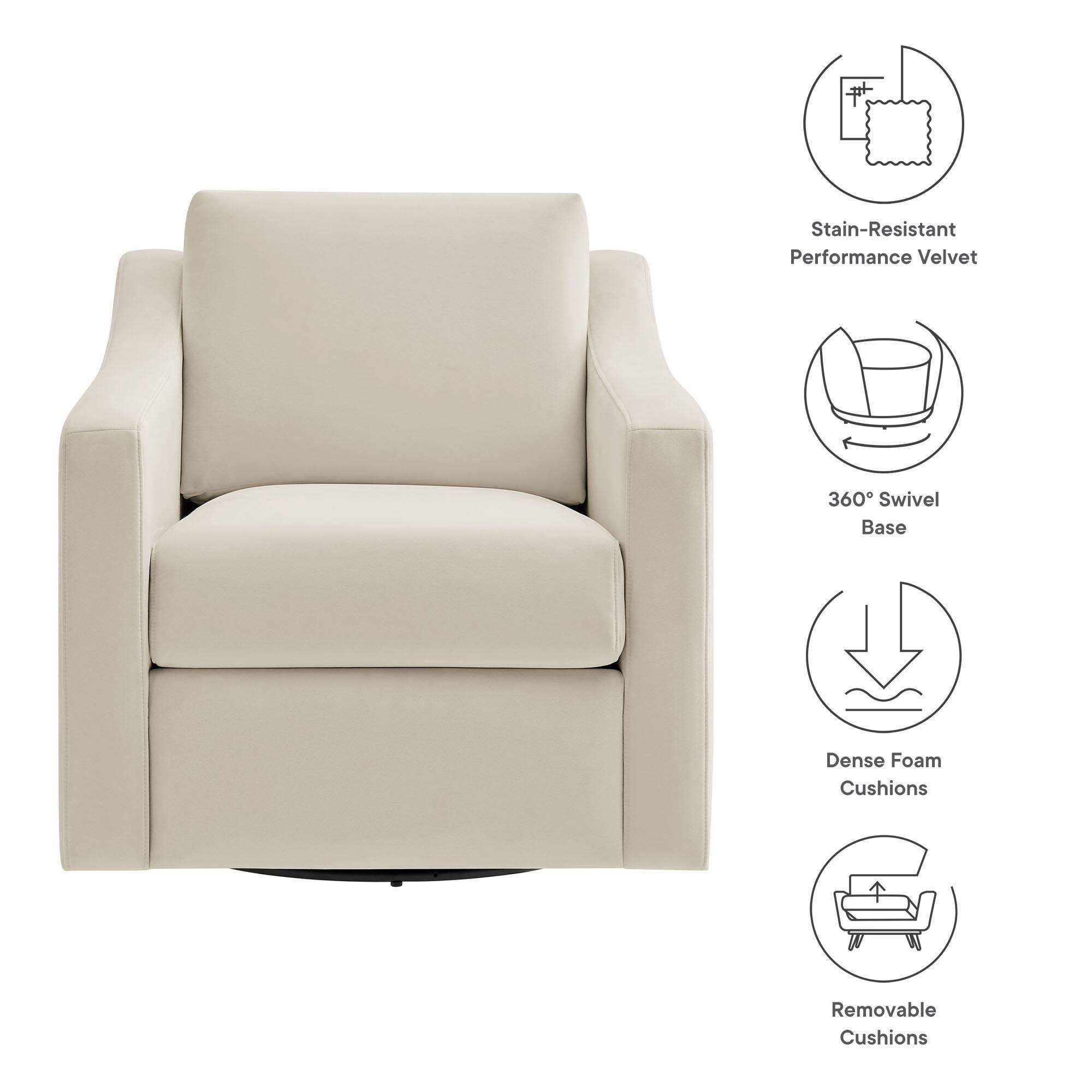 - Stain-Resistant Performance Velvet
- 360° Swivel Base
- Dense Foam Cushions
- Removable Cushions