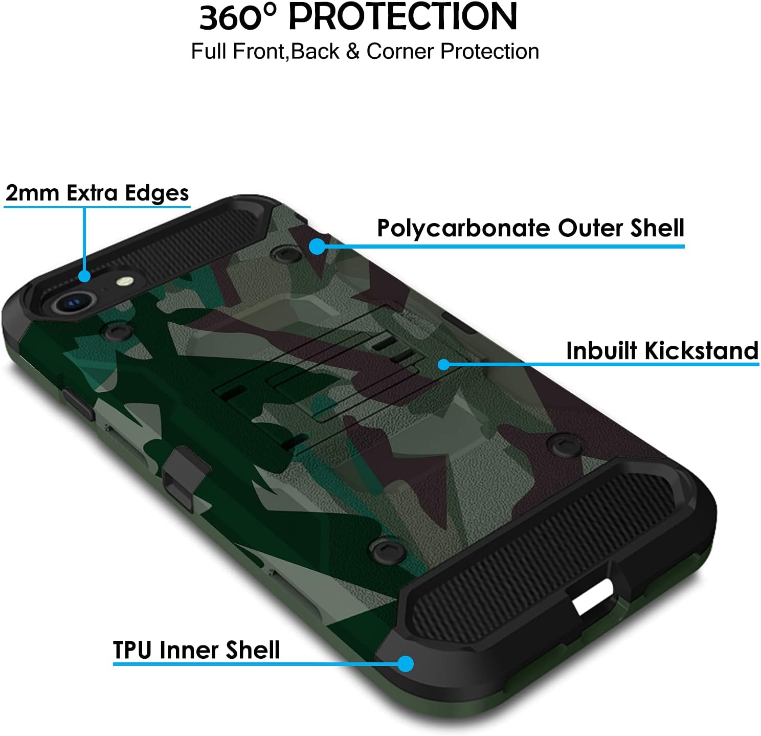 360° PROTECTION Full Front, Back & Corner Protection

2mm Extra Edges

Polycarbonate Outer Shell

Inbuilt Kickstand

TPU Inner Shell