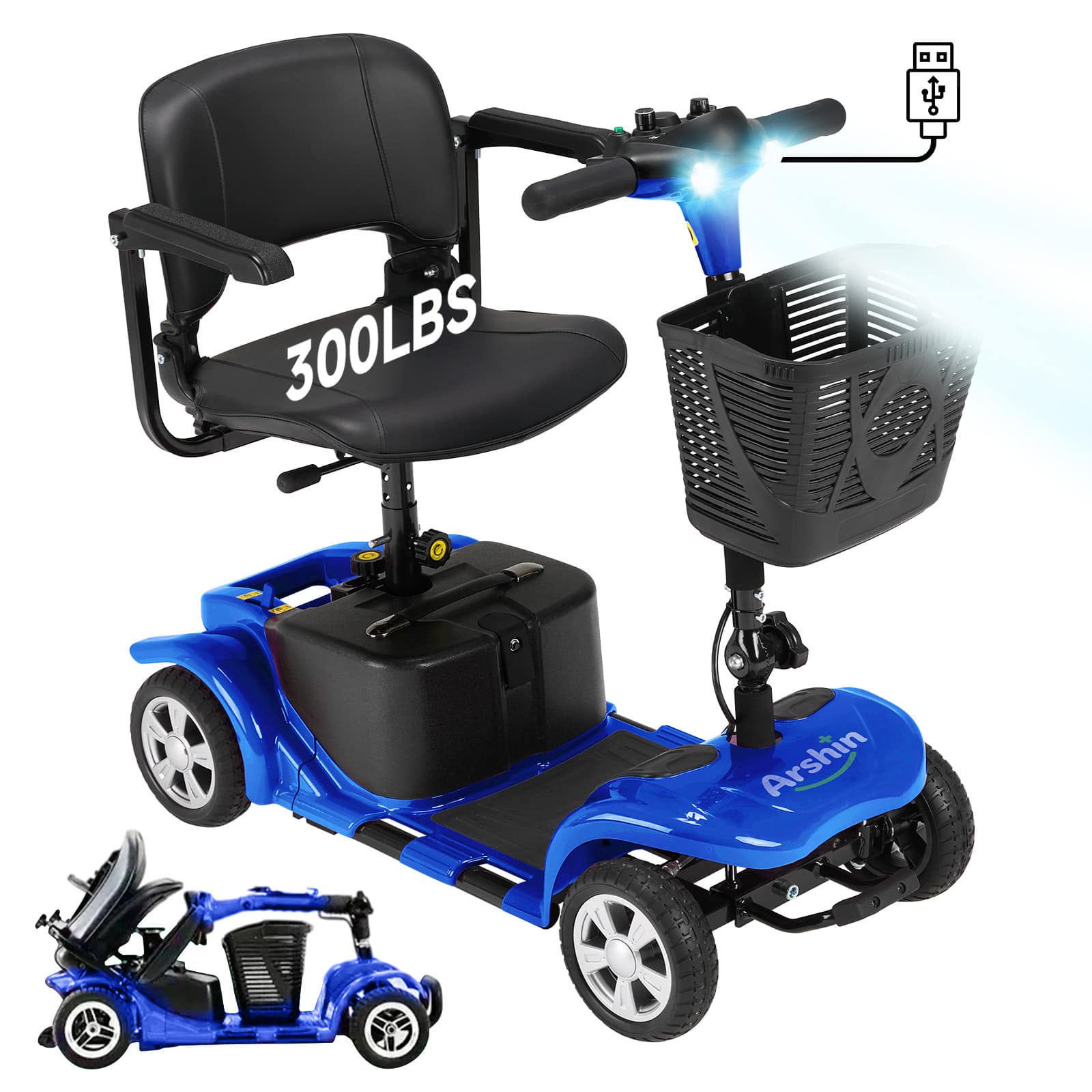 Hover Heart - Electric Mobility Scooter for Adults & Seniors, 4 Wheel Travel Scooter with Seat, Includes Thermos Bottle - Blue