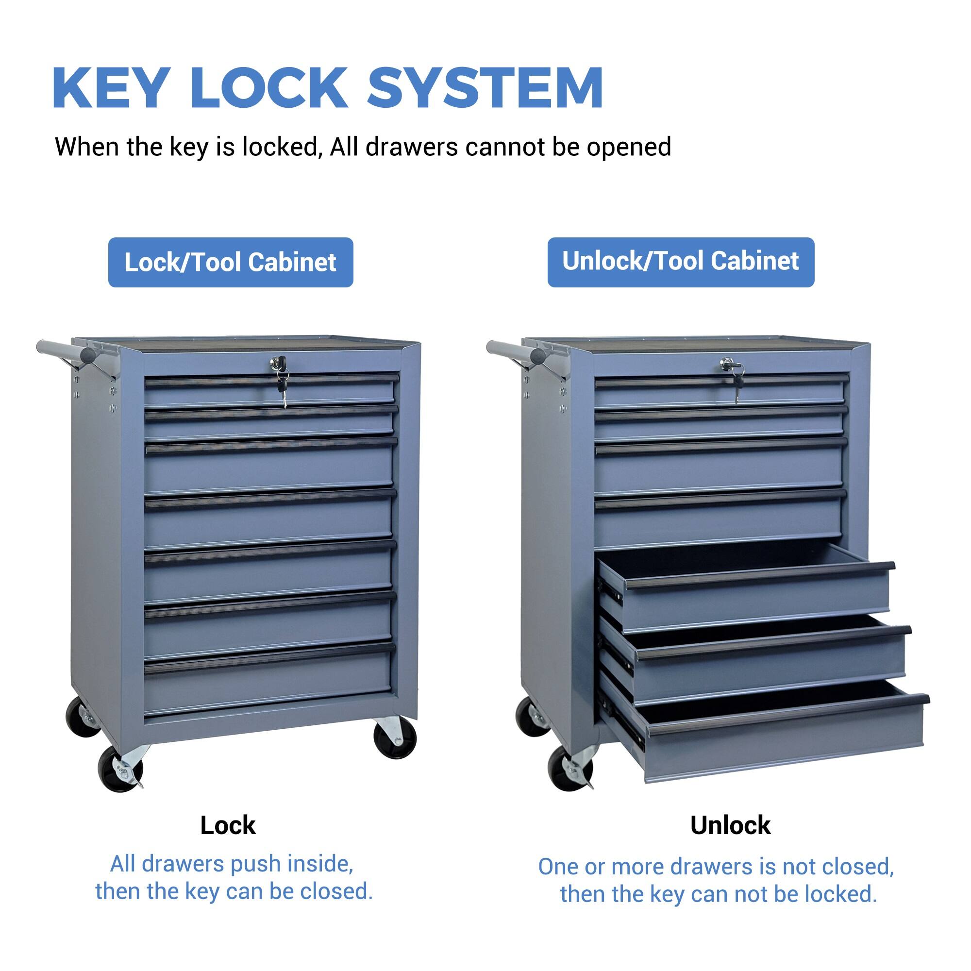 KEY LOCK SYSTEM  
When the key is locked, All drawers cannot be opened  

Lock/Tool Cabinet  
Unlock/Tool Cabinet  

Lock  
All drawers push inside, then the key can be closed.  

Unlock  
One or more drawers is not closed, then the key can not be locked.