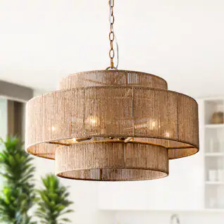 Parrot Uncle - Bohemian Antique Gold 6-Light Drum Chandeliers with Natural Rope Shade - Bronze