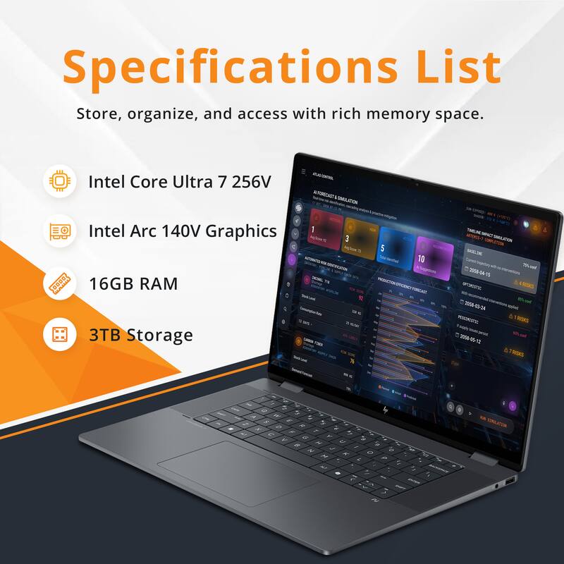Specifications List  
Store, organize, and access with rich memory space.  

- Intel Core Ultra 7 256V  
- Intel Arc 140V Graphics  
- 16GB RAM  
- 3TB Storage
