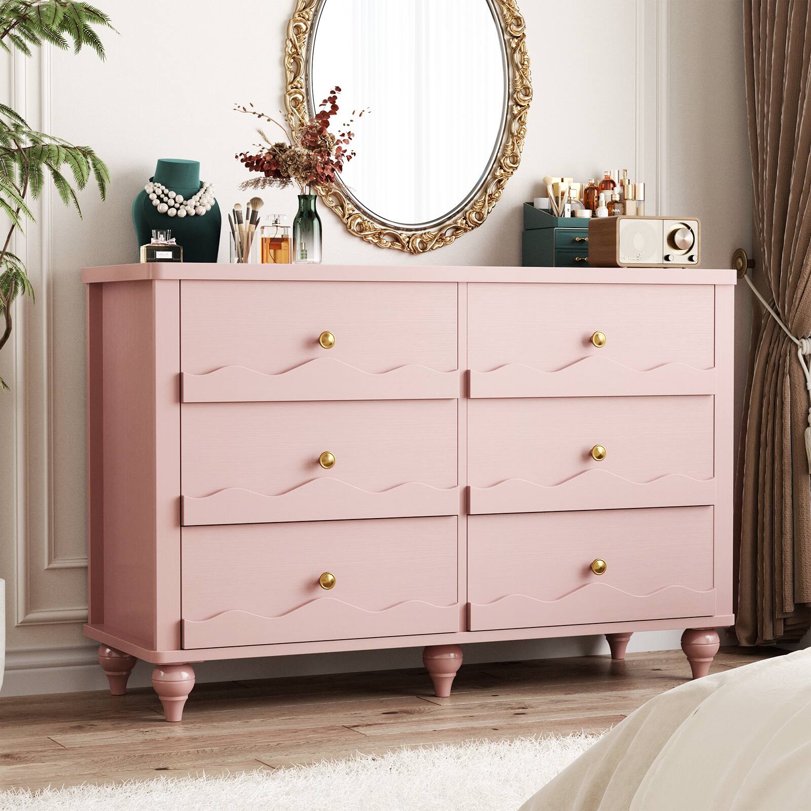 Angle. Aheaplus - 43-inch Modern 6-Drawer Dresser with Scalloped Front for Bedroom & Living Room Storage - Pink.