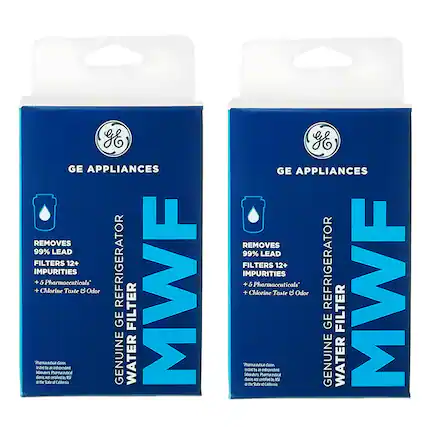 GE APPLIANCES
GENUINE WATER FILTER
REMOVES 99% LEAD
FILTERS 12+ IMPURITIES
+ 5 Pharmaceuticals
+ Chlorine Taste & Odor
REFRIGERATOR FILTER MWF
*Pharmaceuticals removed
tested by an independent
laboratory. Pharmaceuticals
listed are not sold by GE
or the State of California