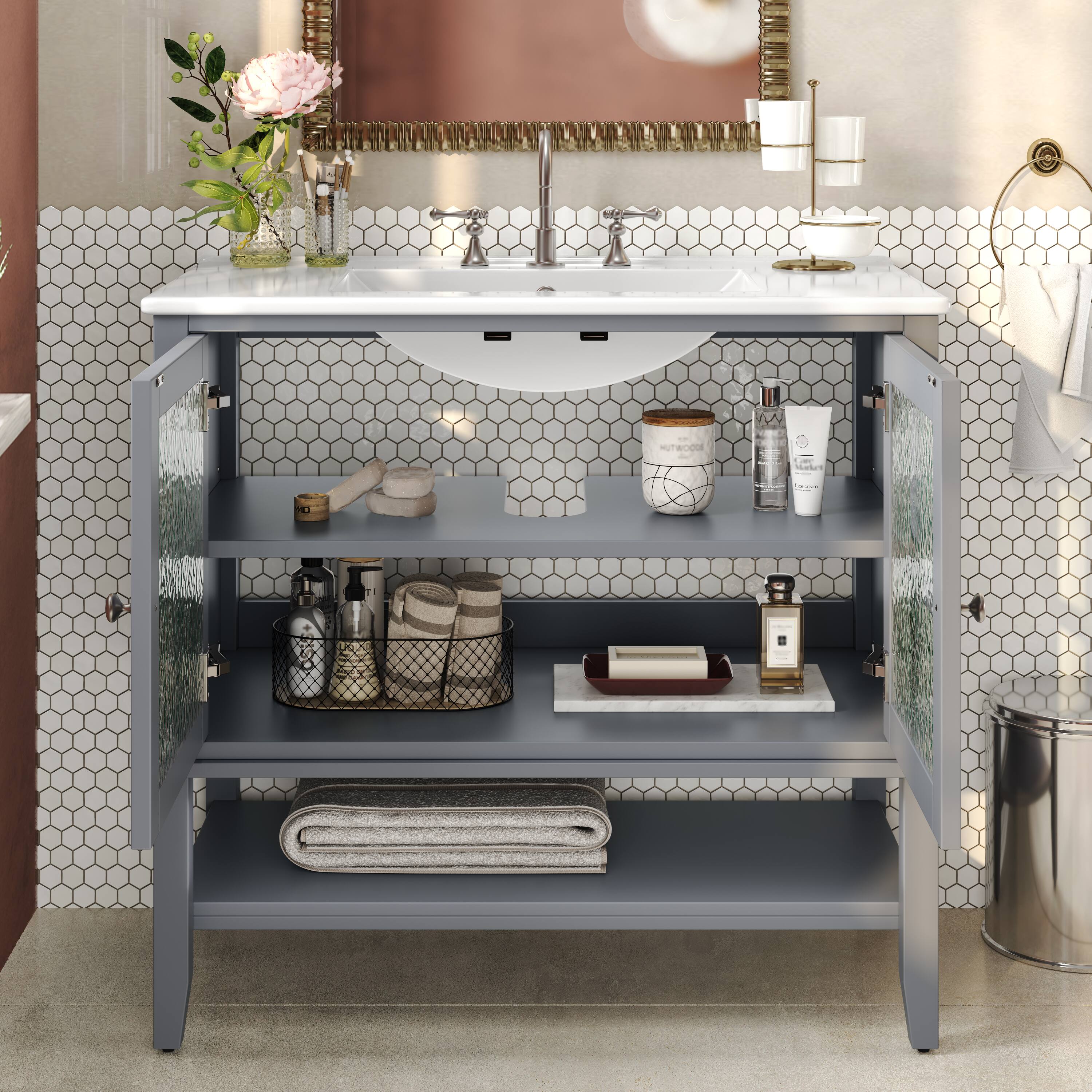 Back. Loheer - 3 ft Gray Bathroom Vanity with Ceramic Sink, Adjustable Shelf, Open Storage, Soft Close Hinges - Gray.