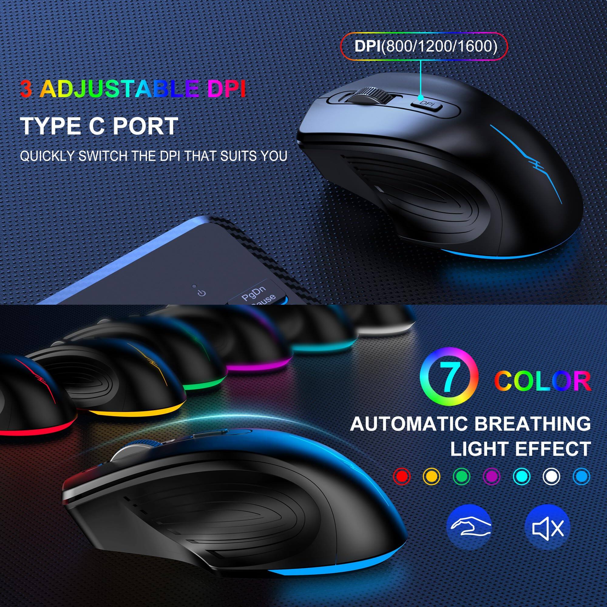 3 Adjustable DPI  
Type C Port  
Quickly switch the DPI that suits you  

DPI (800/1200/1600)  

7 Color  
Automatic Breathing Light Effect