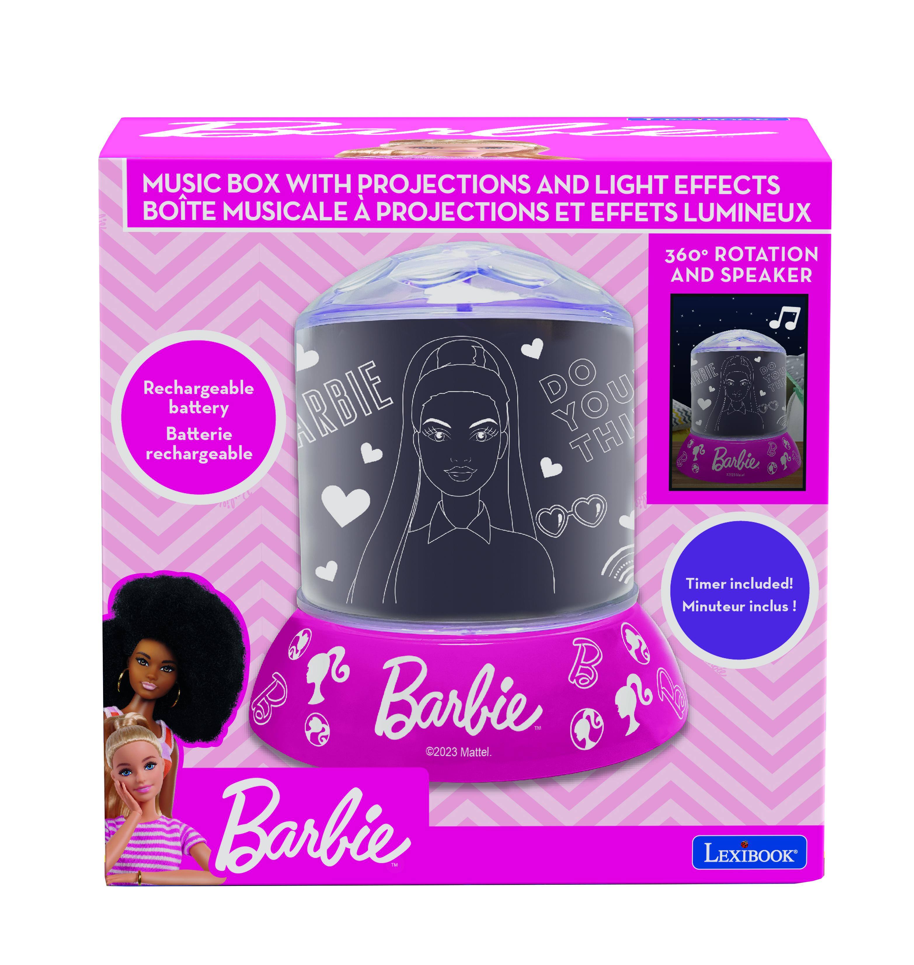 MUSIC BOX WITH PROJECTIONS AND LIGHT EFFECTS  
BOÎTE MUSICALE À PROJECTIONS ET EFFETS LUMINEUX  

360° ROTATION AND SPEAKER  
Rechargeable Battery  
Batterie rechargeable  

Timer included!  
Minuteur inclus  

©2023 Mattel  
Barbie LEXIBOOK