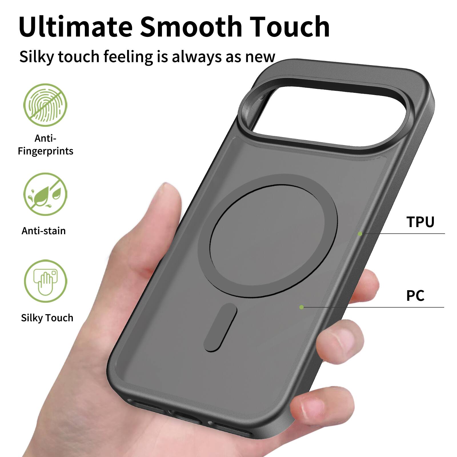 Ultimate Smooth Touch  
Silky touch feeling is always as new  
Anti-Fingerprints  
Anti-stain  
TPU  
PC  
Silky Touch