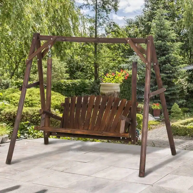 Hivvago FarmHouse Log A Frame 2 Seat Wooden Swing Bench Brown RTGHY3244 ...