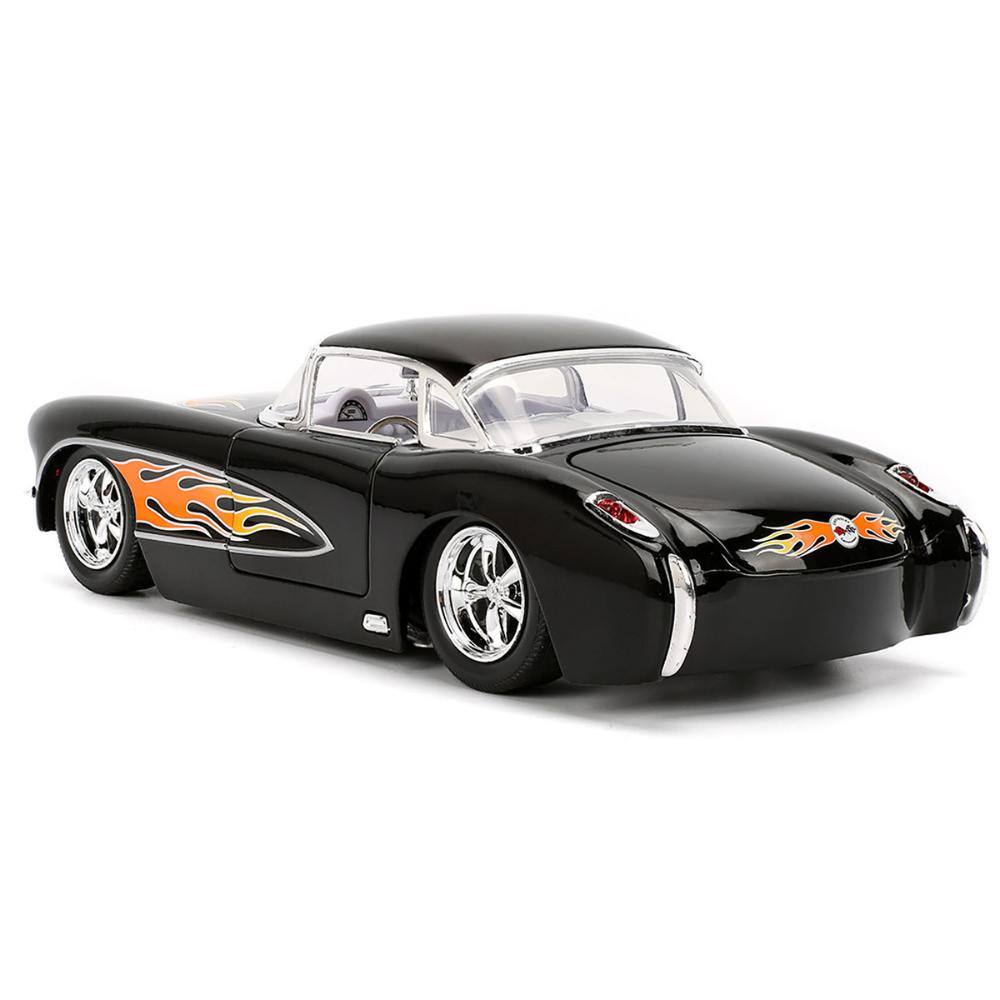 Alt View 1. Jada - 1957 Chevrolet Corvette Black with Flame Graphics and White Interior "Bigtime Muscle" Series 1/24 - Black and White.