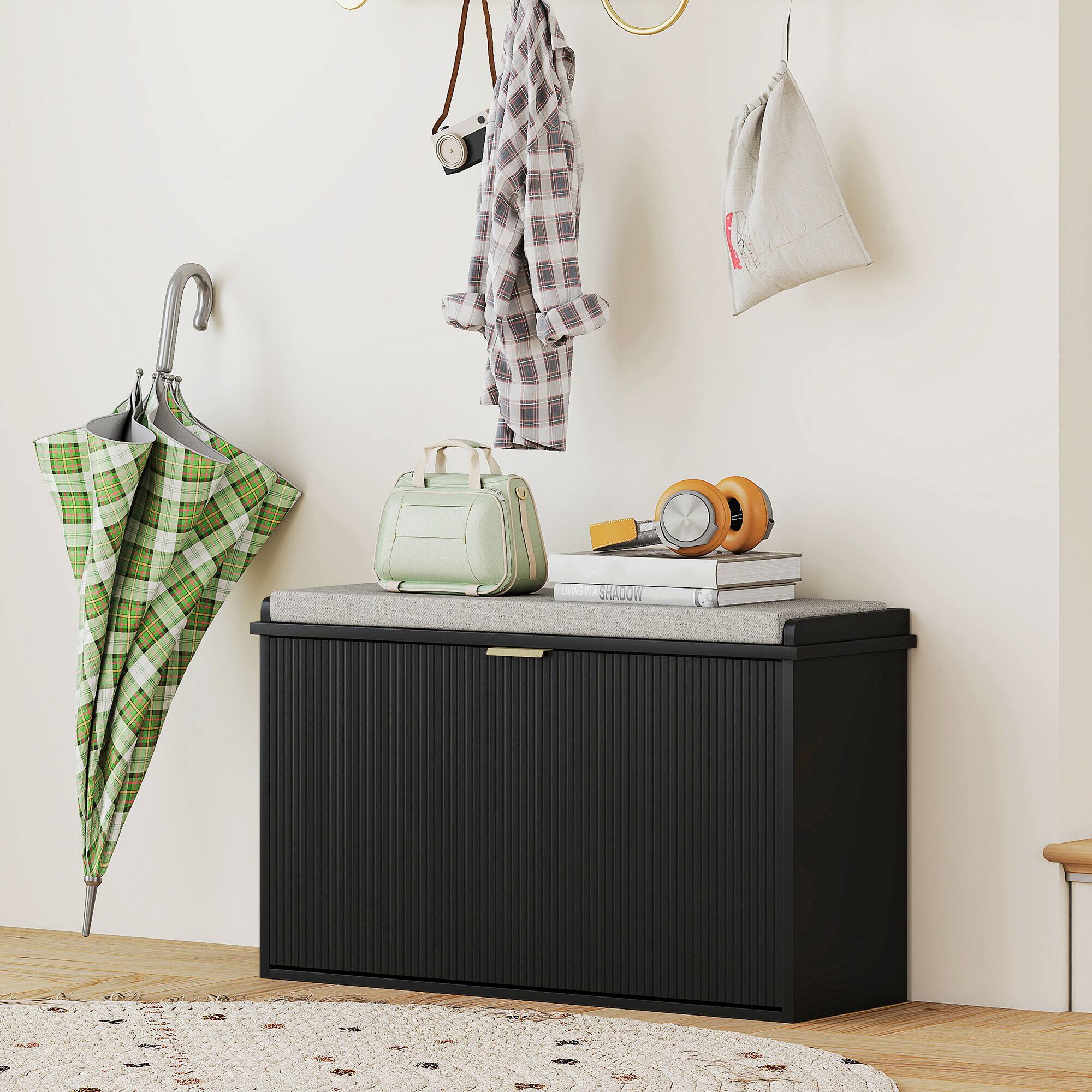 Alt View 1. Homcom - Storage Bench with Padded Seat Cushion and Flip-Drawer, Entryway Bench, Shoe Cabinet - Black.