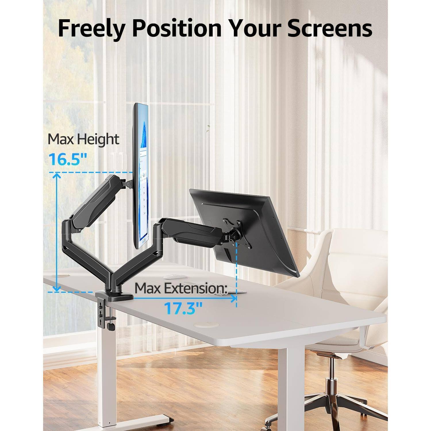 Freely Position Your Screens

Max Height: 16.5"

Max Extension: 17.3"