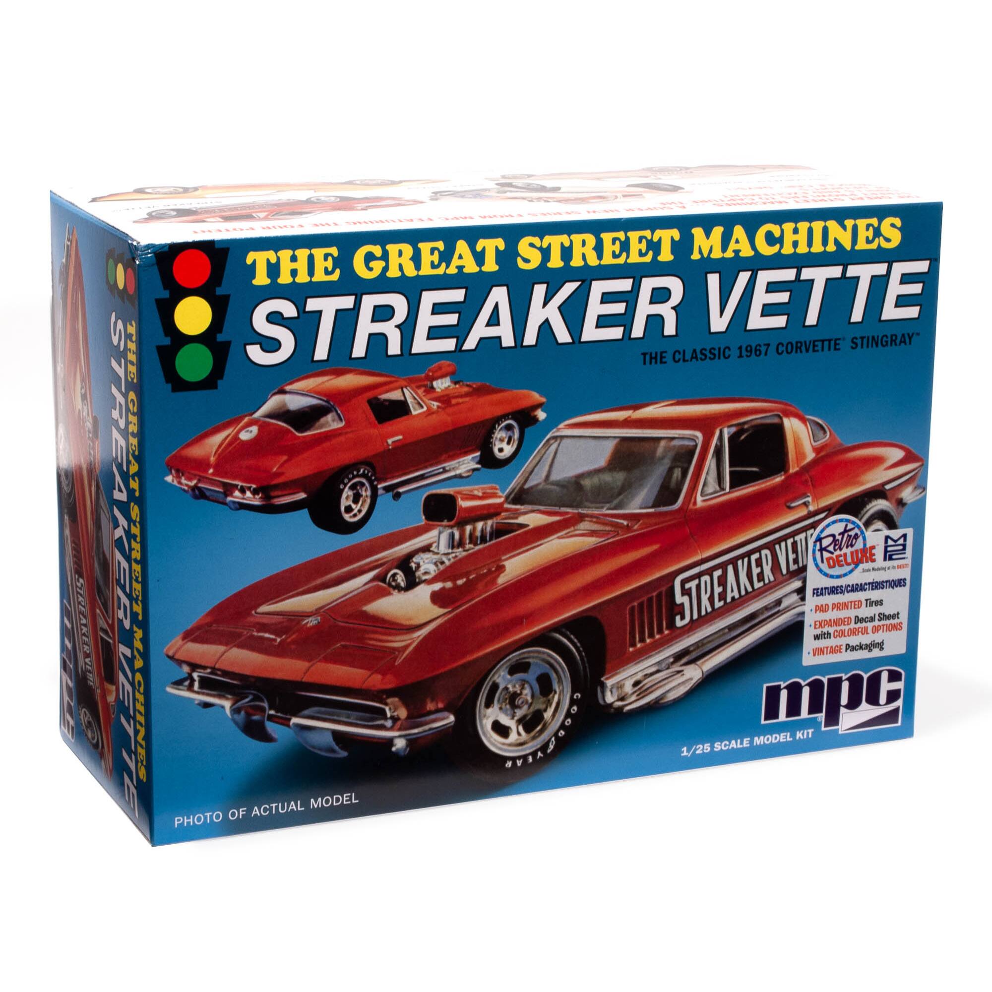 The Great Street Machines The Streaker Vette Corvette Stingray is a classic 1967 Stingray Corvette model kit. It features a deluxe package with expanded parts and printed decals. The kit comes with a tires options sheet and a colorful vintage packaging. The actual model photo is also included in the box.
