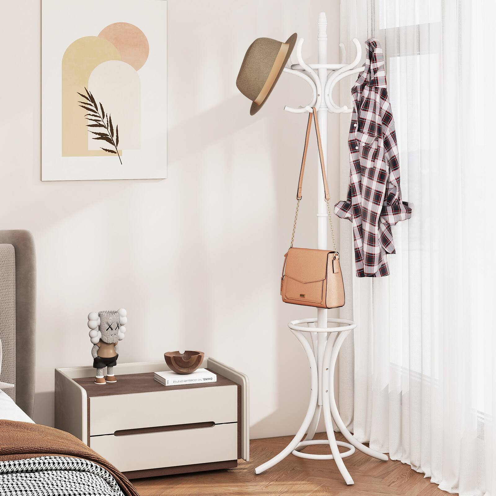 Alt View 7. Gymax - Gymax 73'' Freestanding Coat Hanger Stand Coat Rack w/ Umbrella Holder & 12 Hooks White - White.