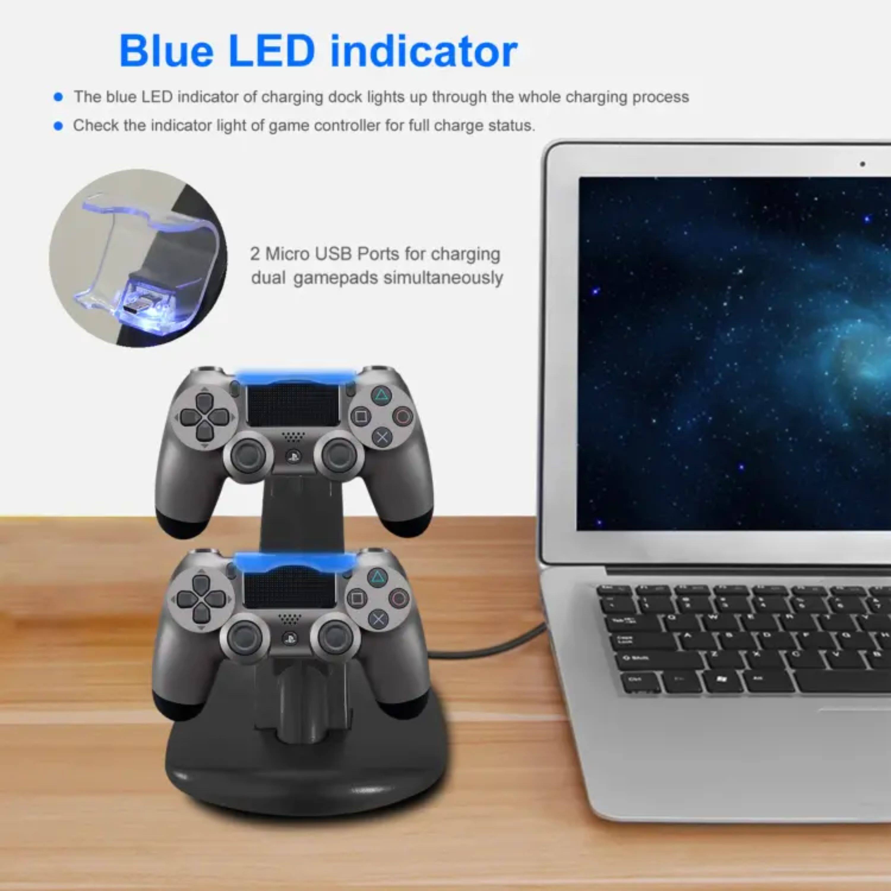 Blue LED indicator  
- The blue LED indicator of charging dock lights up through the whole charging process.  
- Check the indicator light of game controller for full charge status.  

2 Micro USB Ports for charging dual gamepads simultaneously.