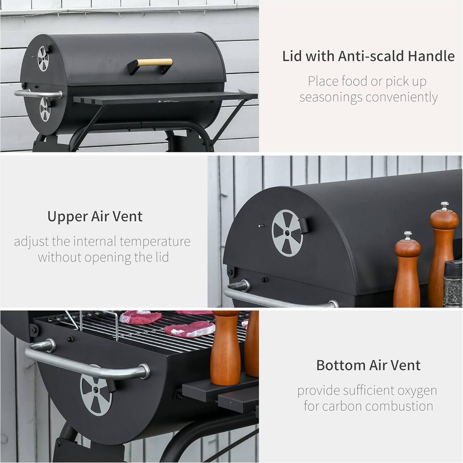 Lid with Anti-scald Handle  
Place food or pick up seasonings conveniently  

Upper Air Vent  
adjust the internal temperature without opening the lid  

Bottom Air Vent  
provide sufficient oxygen for carbon combustion