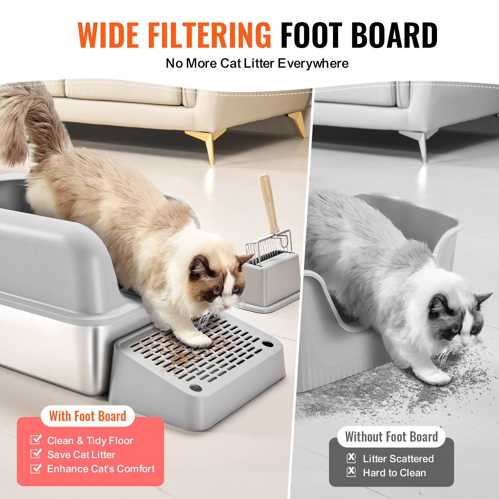 **WIDE FILTERING FOOT BOARD**

No More Cat Litter Everywhere

With Foot Board:
- Clean & Tidy Floor
- Save Cat Litter
- Enhance Cat's Comfort

Without Foot Board:
- Litter Scattered
- Hard to Clean